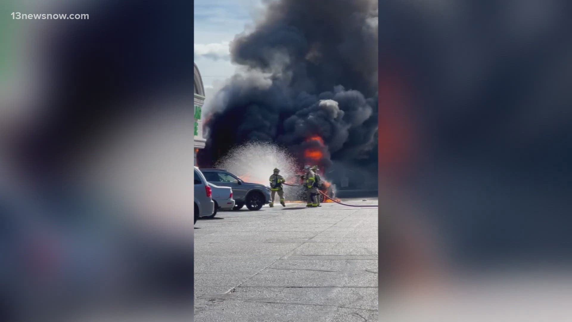 A car fire in Norfolk Sunday afternoon damaged vehicles and the exterior of a Dollar Tree in Ghent.