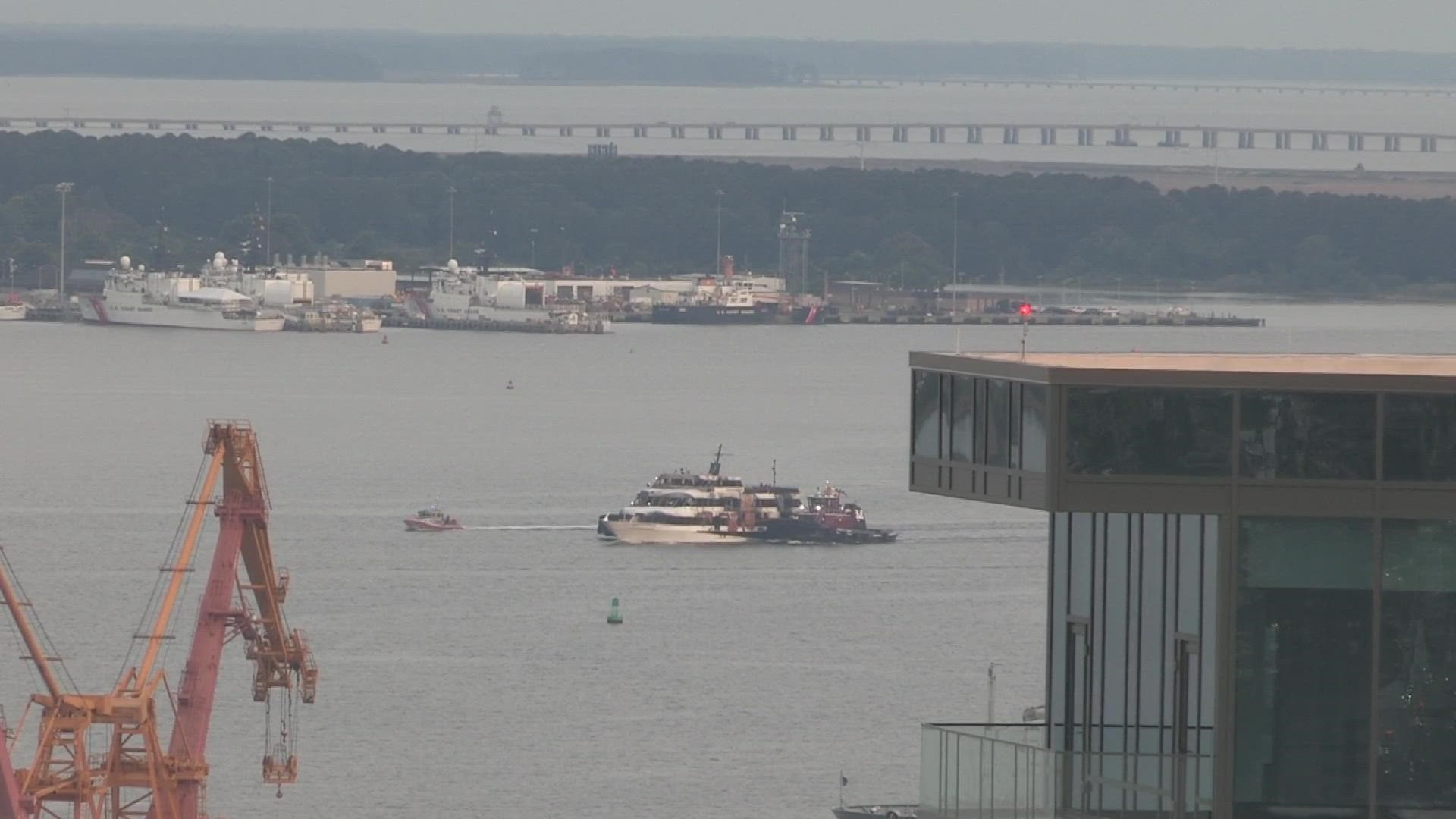 Watch the view from the 13News Now Tower Cam as the Spirit of Norfolk is towed down the Elizabeth River after catching fire days earlier.