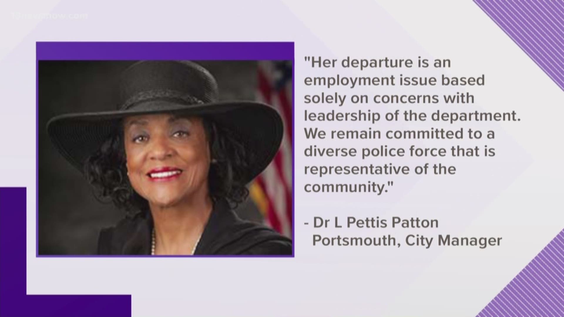 The statement said in part: "Her departure is an employment issue based solely on concerns with leadership of the department. We remain committed to a diverse police force that is representative of the community."