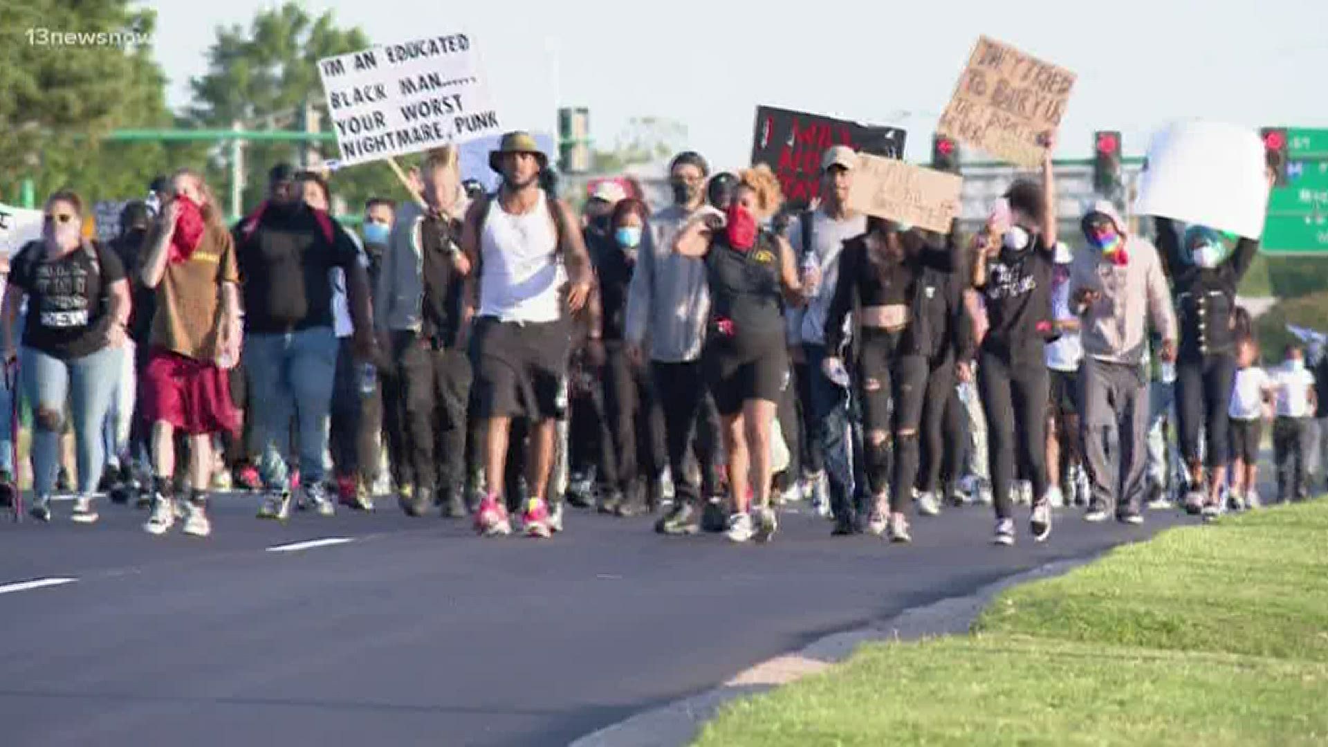 Protesters calling for justice in the death of George Floyd moved onto Interstate 264 in Norfolk on Monday afternoon, causing traffic in both directions to halt.