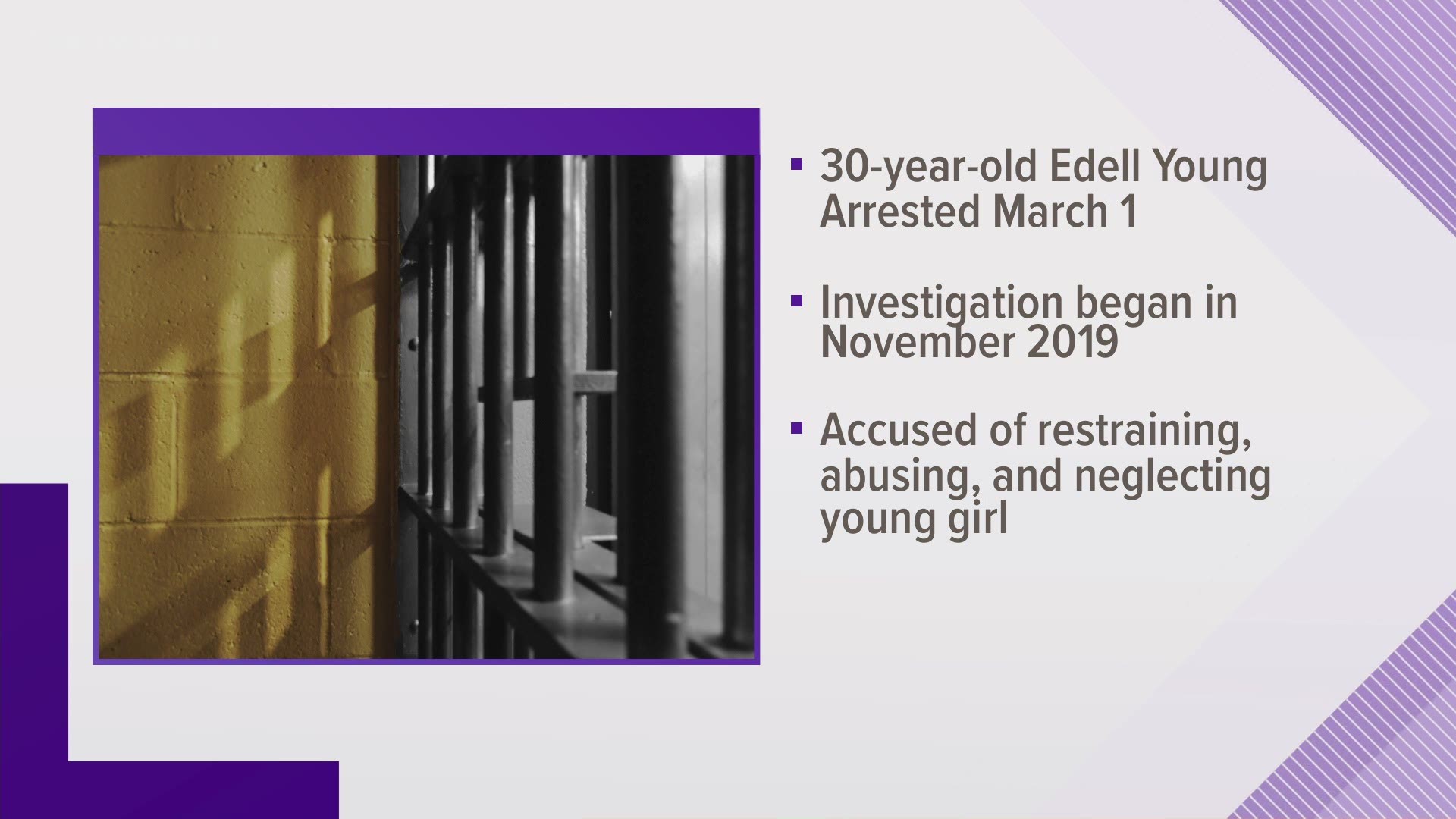 The investigation started in 2019, when teachers noticed "obvious physical injuries" on a girl in school. Edell Alexsander Young faces a slew of child abuse charges.