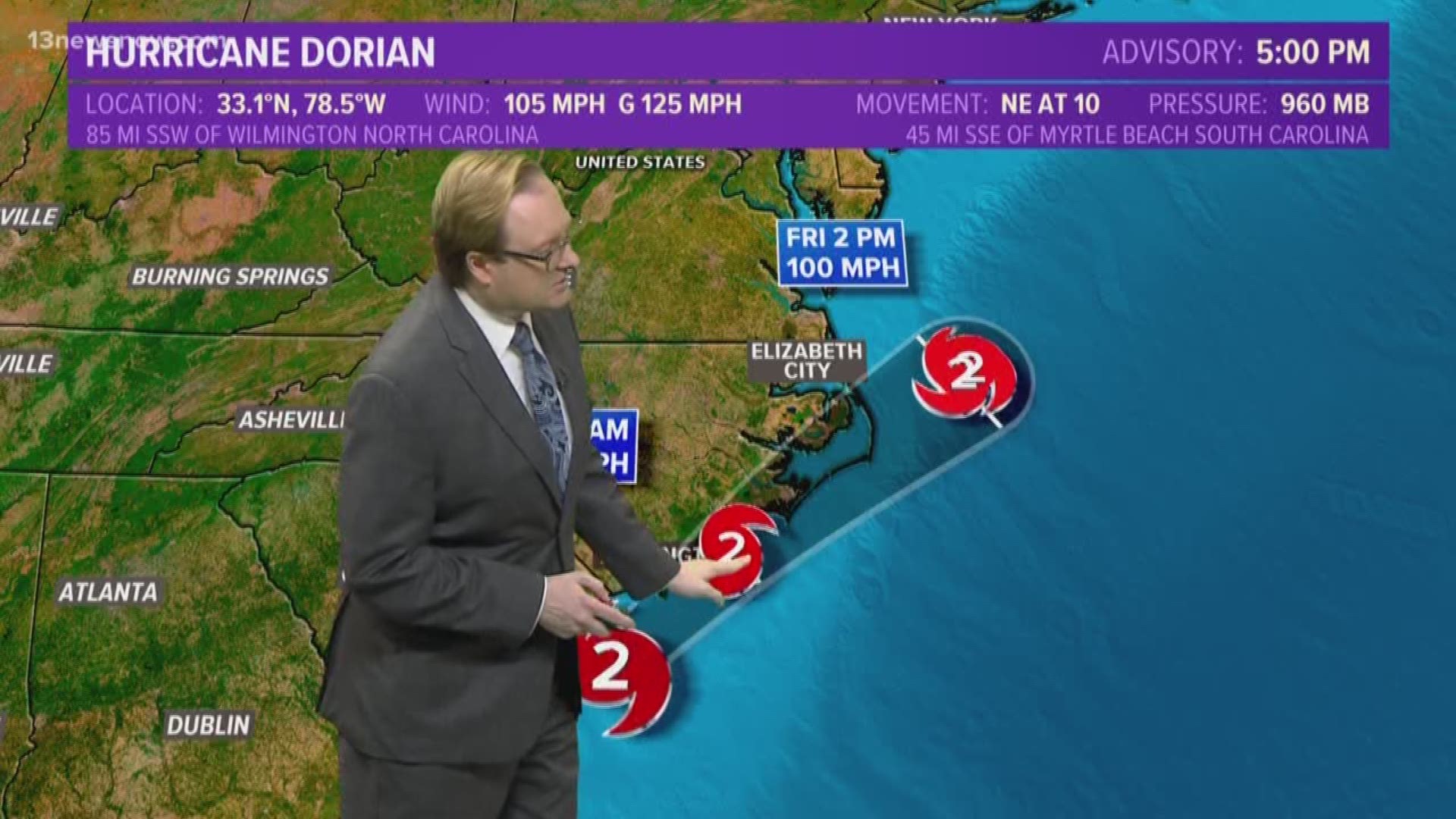 Forecasters say Hurricane Dorian is expected to slowly weaken as it travels near and along the coasts of South and North Carolina. In its 5 p.m. advisory, the National Hurricane Center says Dorian has weakened slightly and remains a Category 2 storm with maximum sustained winds of 105 mph.