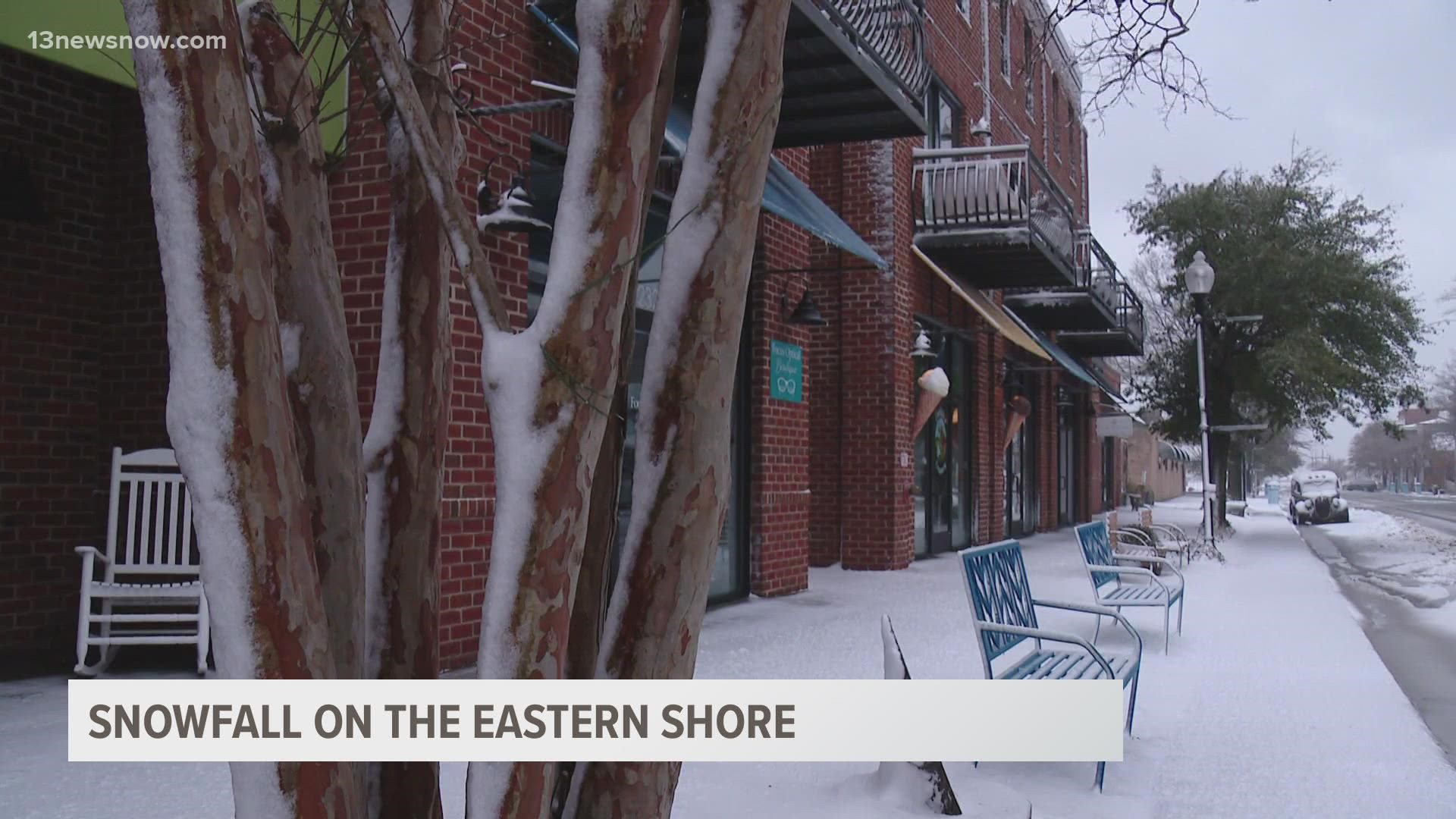 Strong winds and snowfall shut down many businesses on the Eastern Shore, as crews worked overnight to restore power to thousands of people.