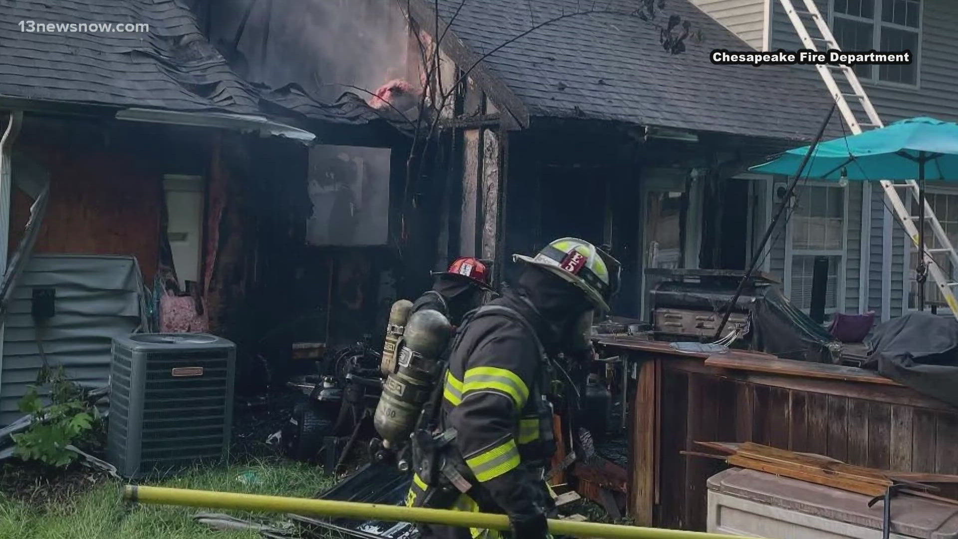 Firefighters responded to a house fire in Chesapeake on Sunday; the blaze was controlled in 25 minutes, and no injuries were reported.