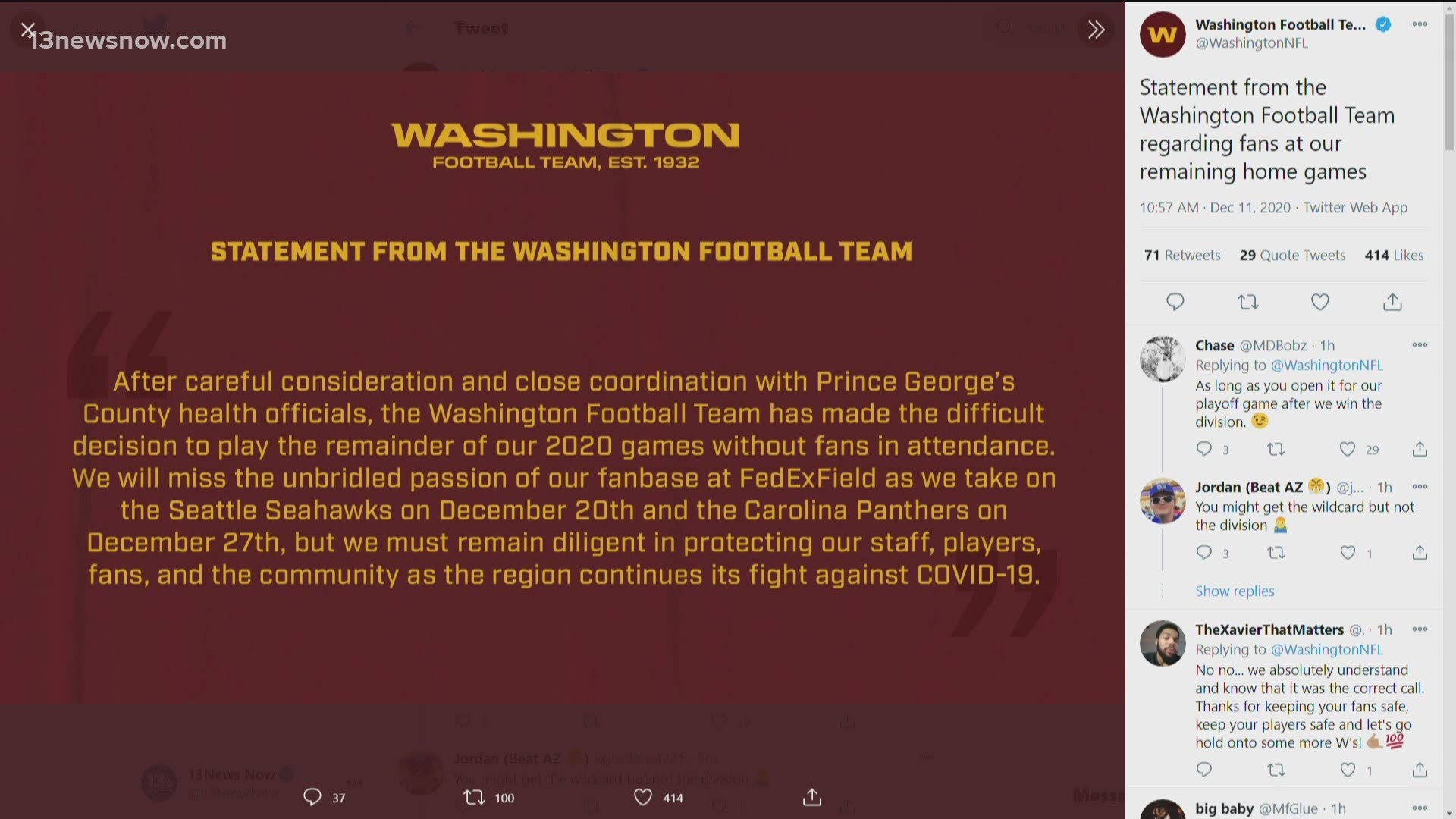 The Washington Football Team released a statement on Twitter saying that they will no longer have fans at its home games due to the coronavirus for the rest of 2020.