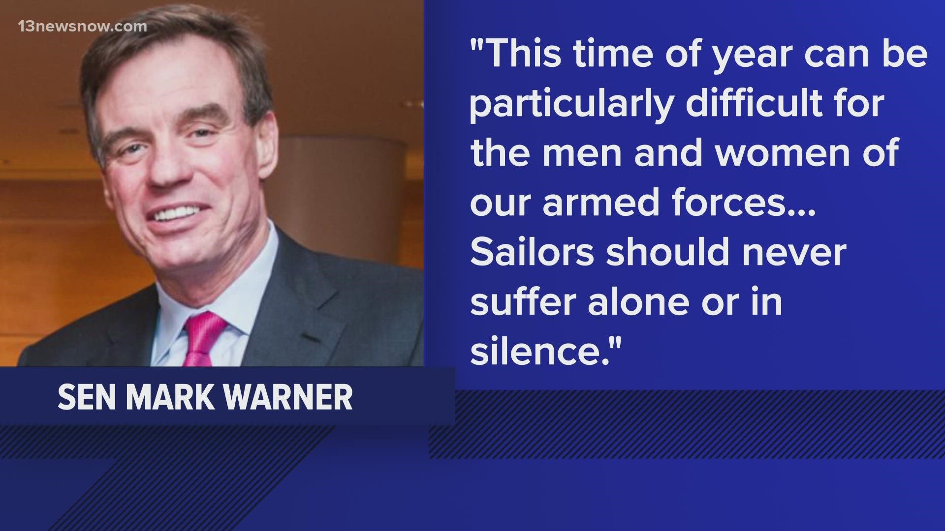 Virginia Sens. Mark Warner and Tim Kaine spoke out Monday night about the deaths of three Norfolk-based Navy sailors.