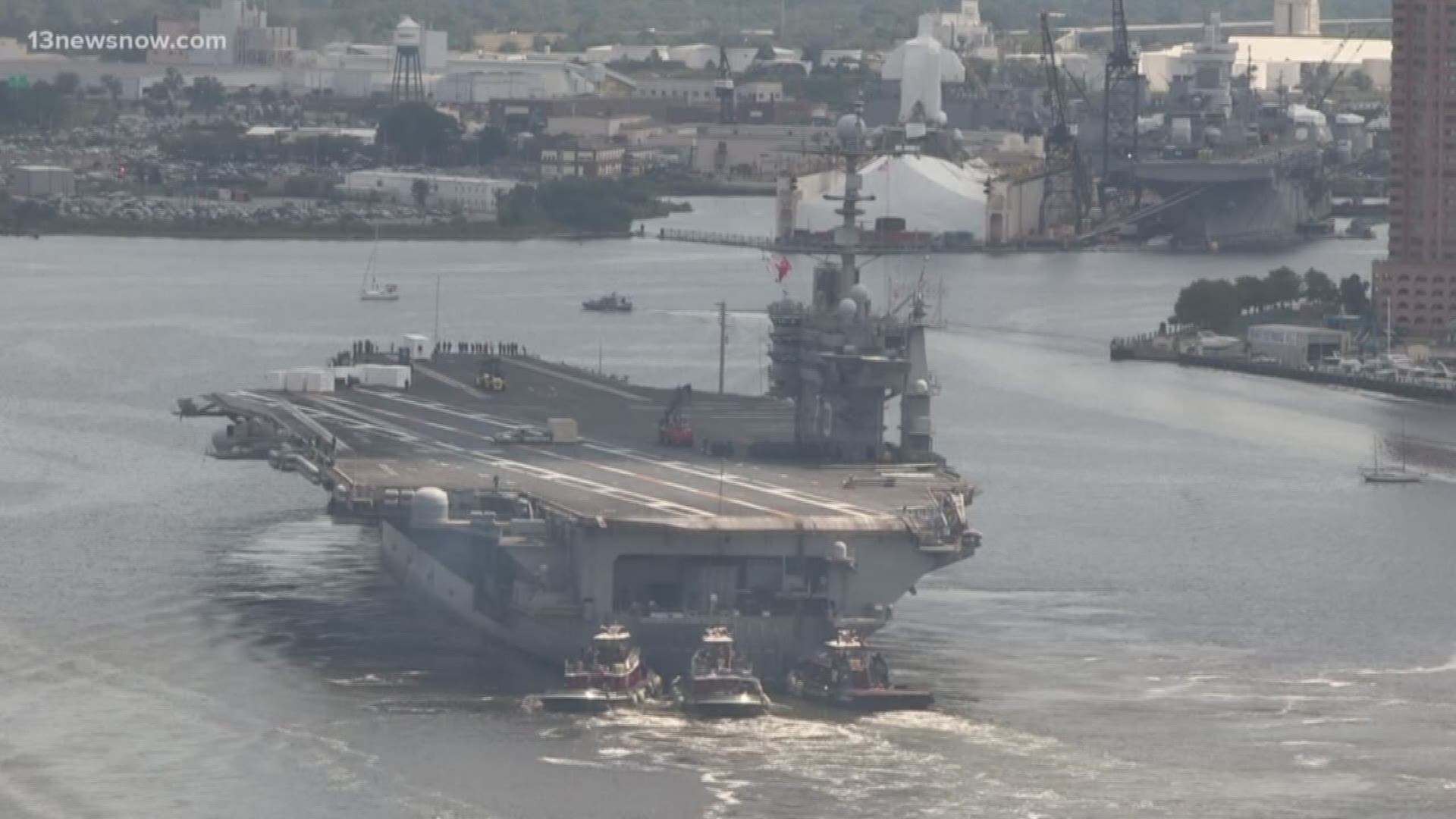 The closest aircraft carrier to the Middle East is the Norfolk-based USS Harry S. Truman. Six of the nine squadrons on the ship are from Hampton Roads.