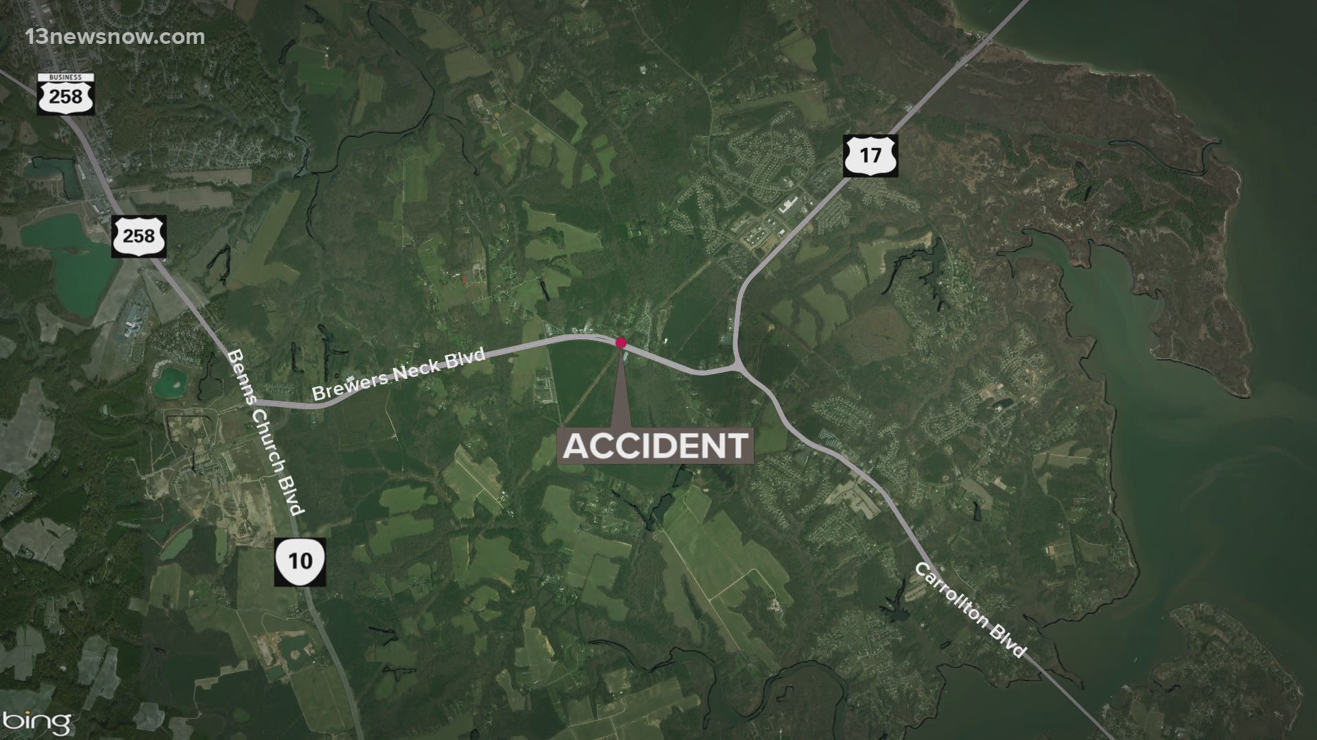 The accident, on Brewers Neck Boulevard just south of Route 17, happened around 10:30 p.m., according to police.