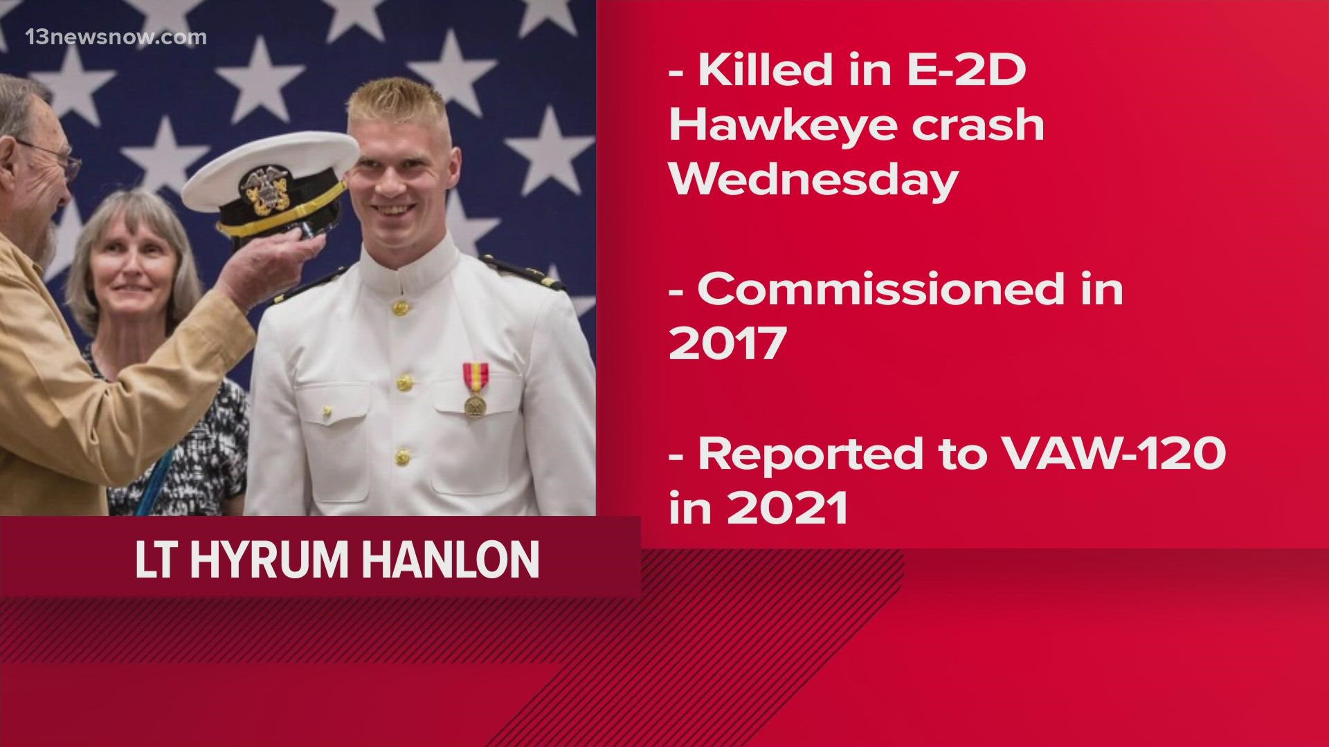 Lt. Hyrum Hanlon was killed in the crash  Wednesday night on Virginia's Eastern Shore.