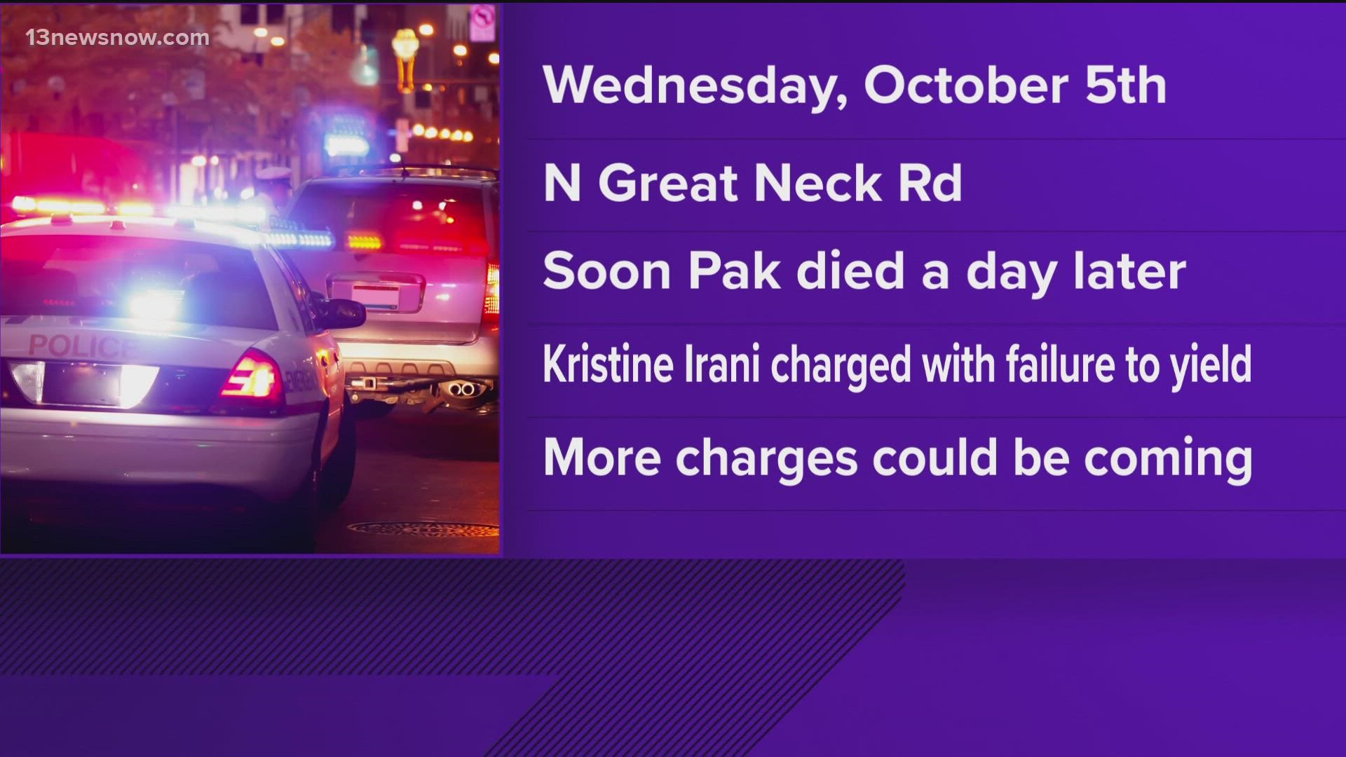 Kristine Irani had minor injuries and was arrested on an outstanding warrant. She is charged with failure to yield the right of way.