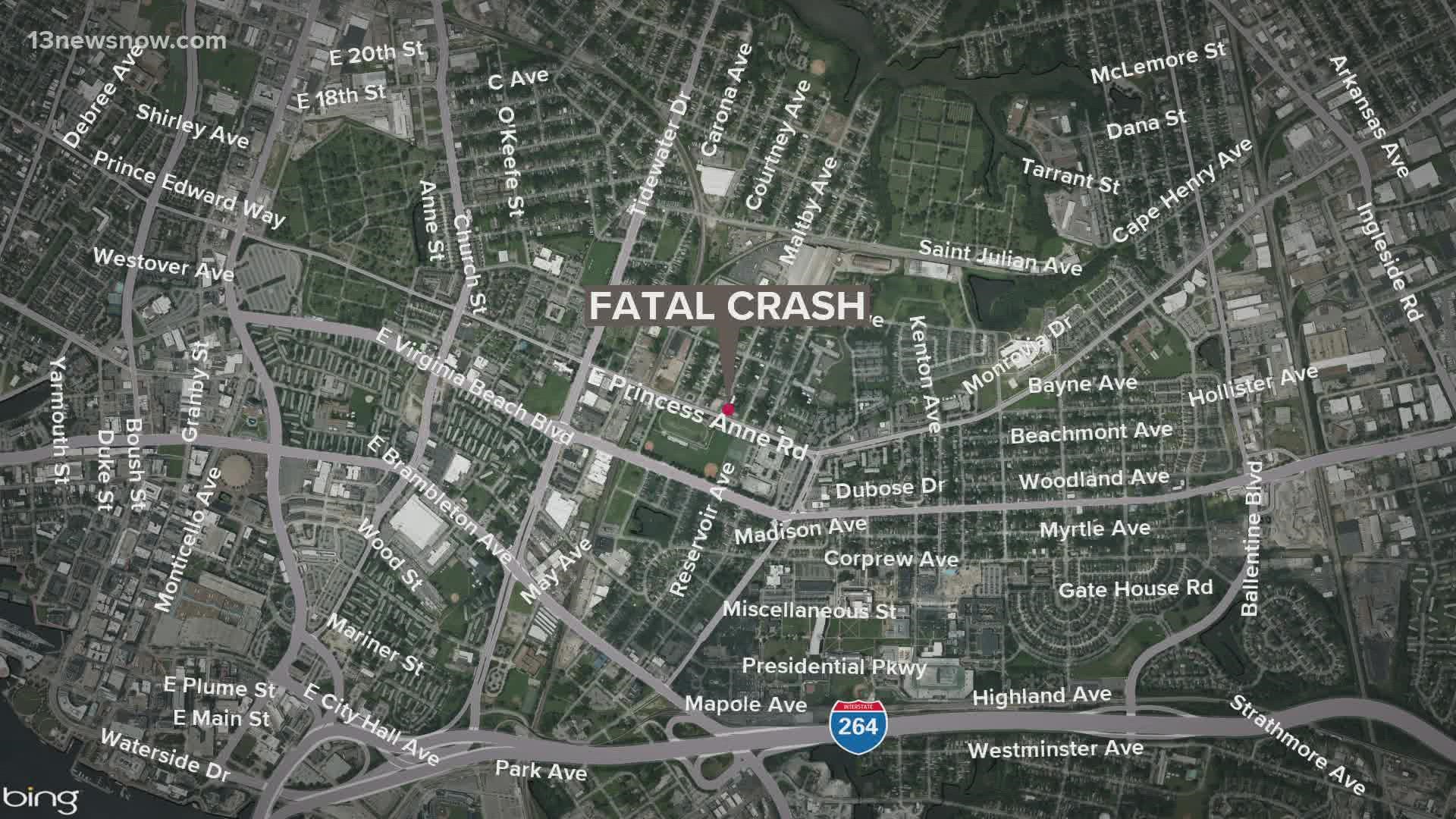 A person was killed in a vehicle crash on Princess Anne Road in Norfolk early Saturday morning.