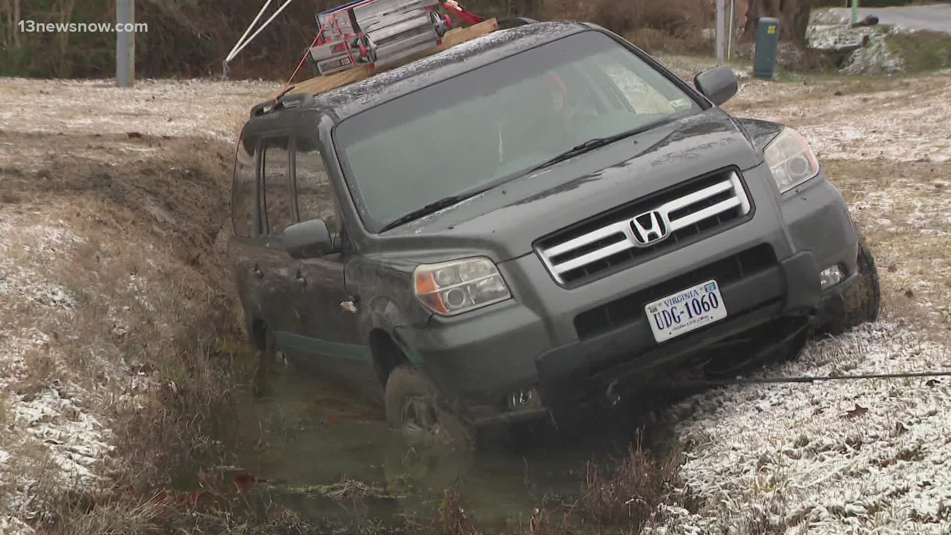 Chesapeake police said a vehicle crashed on Sanderson Road. The roadway was icy which caused this incident.