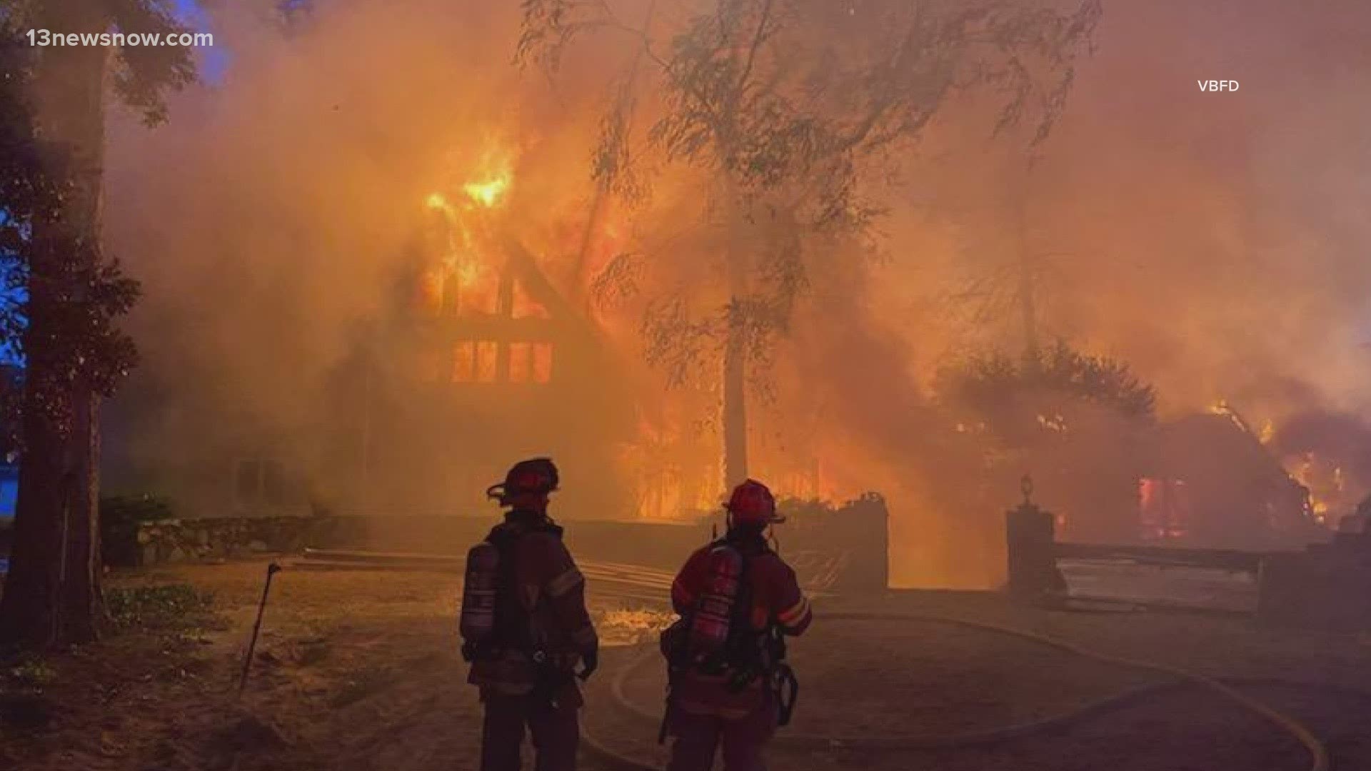 Firefighters in Virginia Beach battled a large blaze that consumed a house on Monday evening.