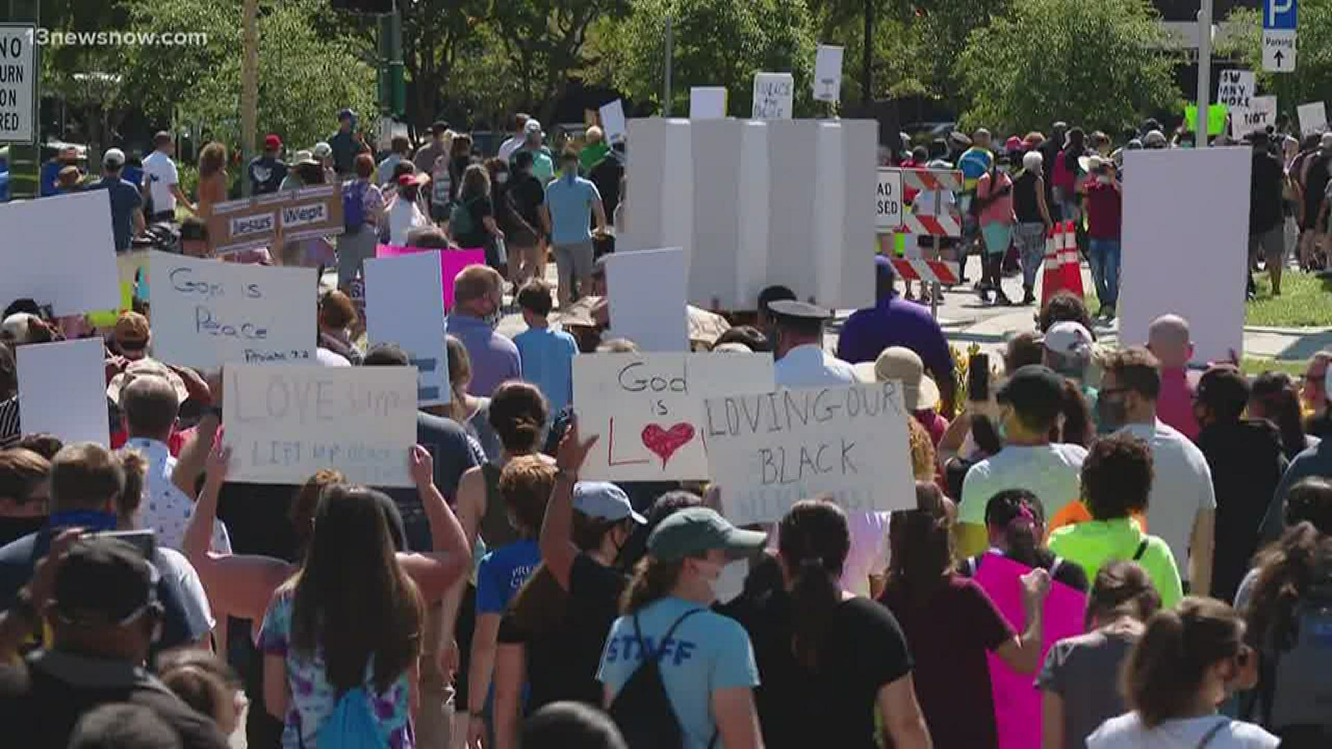 Sporting all kinds of cloth face masks, protesters marched, chanted and prayed through the sunny, 80-degree June day. They spoke from all areas of Hampton Roads.