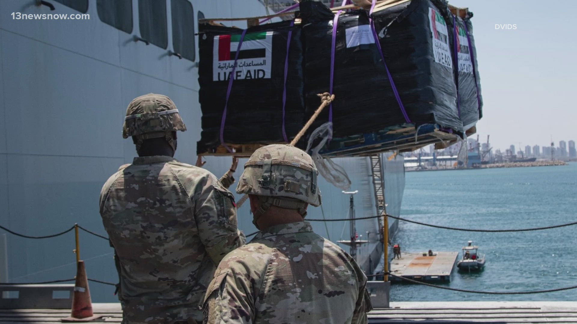 The humanitarian aid bridge built by Fort Eustis soldiers is now complete and anchored on the Gaza Strip.