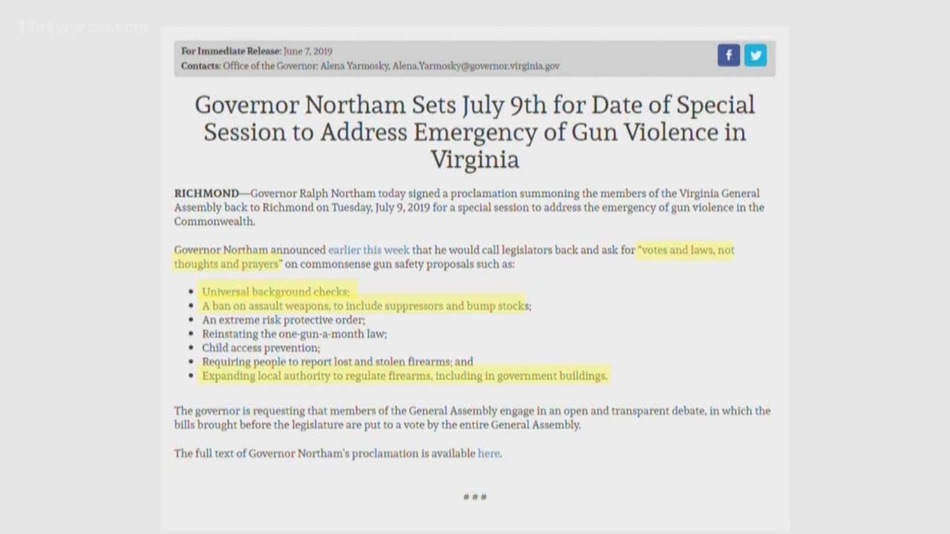 In his announcement, the Governor asked for "votes and laws, not thoughts and prayers" when it comes to what he's calling "commonsense gun safety proposals".