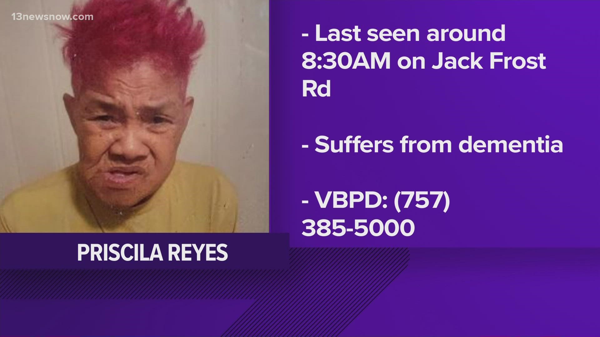 Priscila Reyes suffers from dementia and has wandered off in the past, the police department said. Before, she has been found near Shelton Park Elementary School.