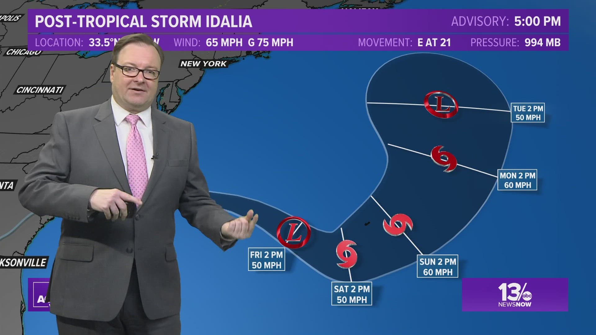 As of 5 p.m. Thursday, the storm's center is about 165 miles southeast of Cape Hatteras, North Carolina with maximum sustained winds of 65 miles per hour.