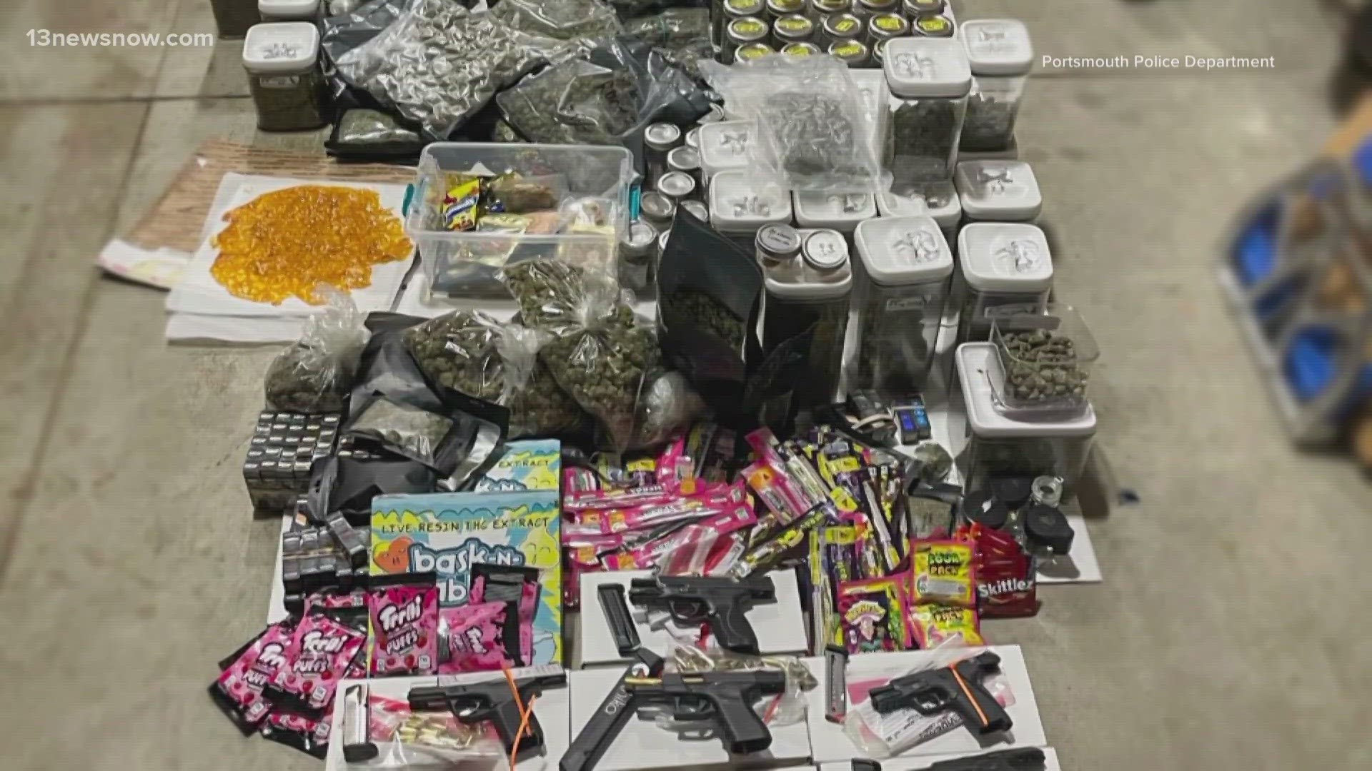 Officers detained 41 adults and seized 13 firearms, 100 pounds of marijuana, and a "variety of manufactured products containing THC," PPD said.