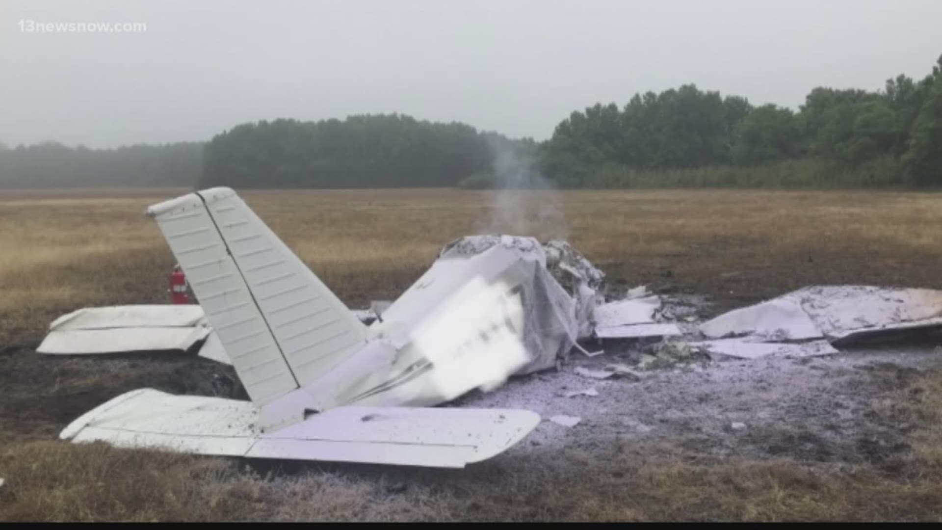 A single-engine plane went down in a field shortly after taking off from Chesapeake Regional Airport