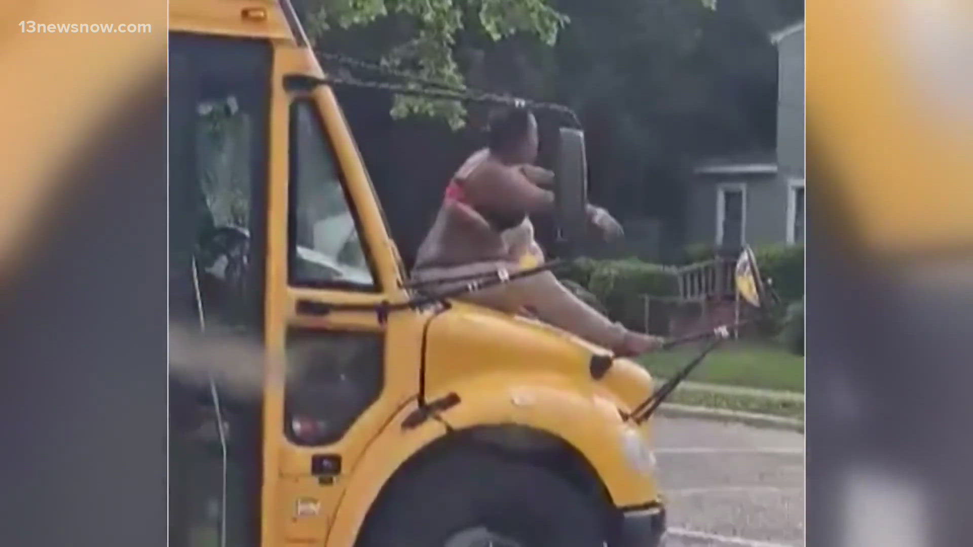 Officers arrived to find a woman who reportedly climbed onto the hood of a school bus prior to their arrival.