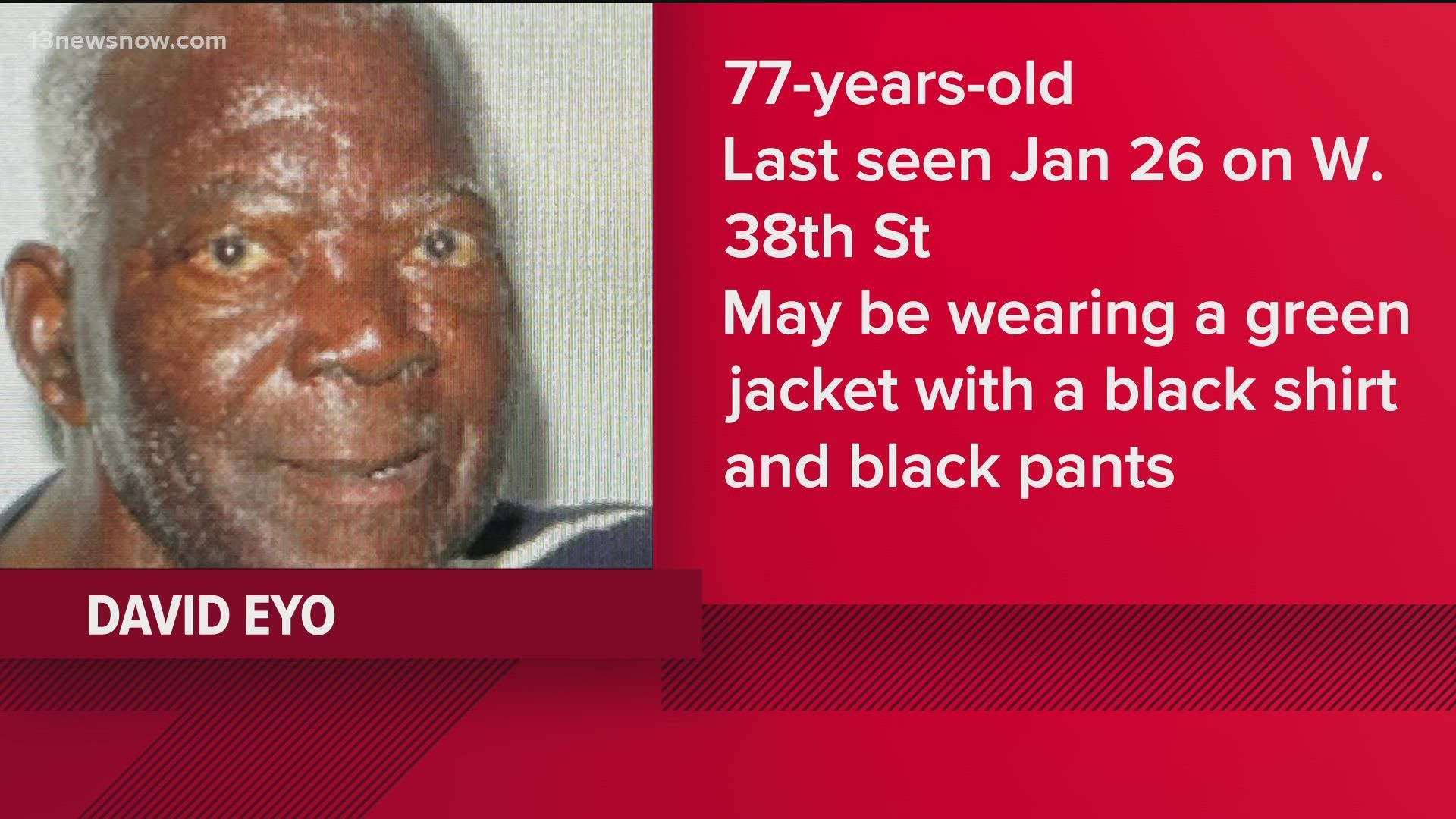 David Eyo was last seen around 7 a.m. on Thursday in the 1200 block of W. 38th Street, according to NPD.