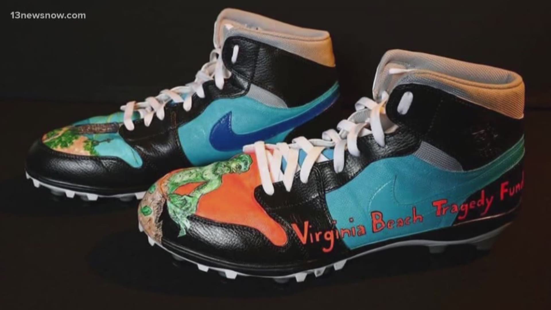 Virginia Beach Native and Kansas City Chiefs defensive tackle Derrick Nnadi designed his cleats in support of the Virginia Beach Tragedy Fund.
