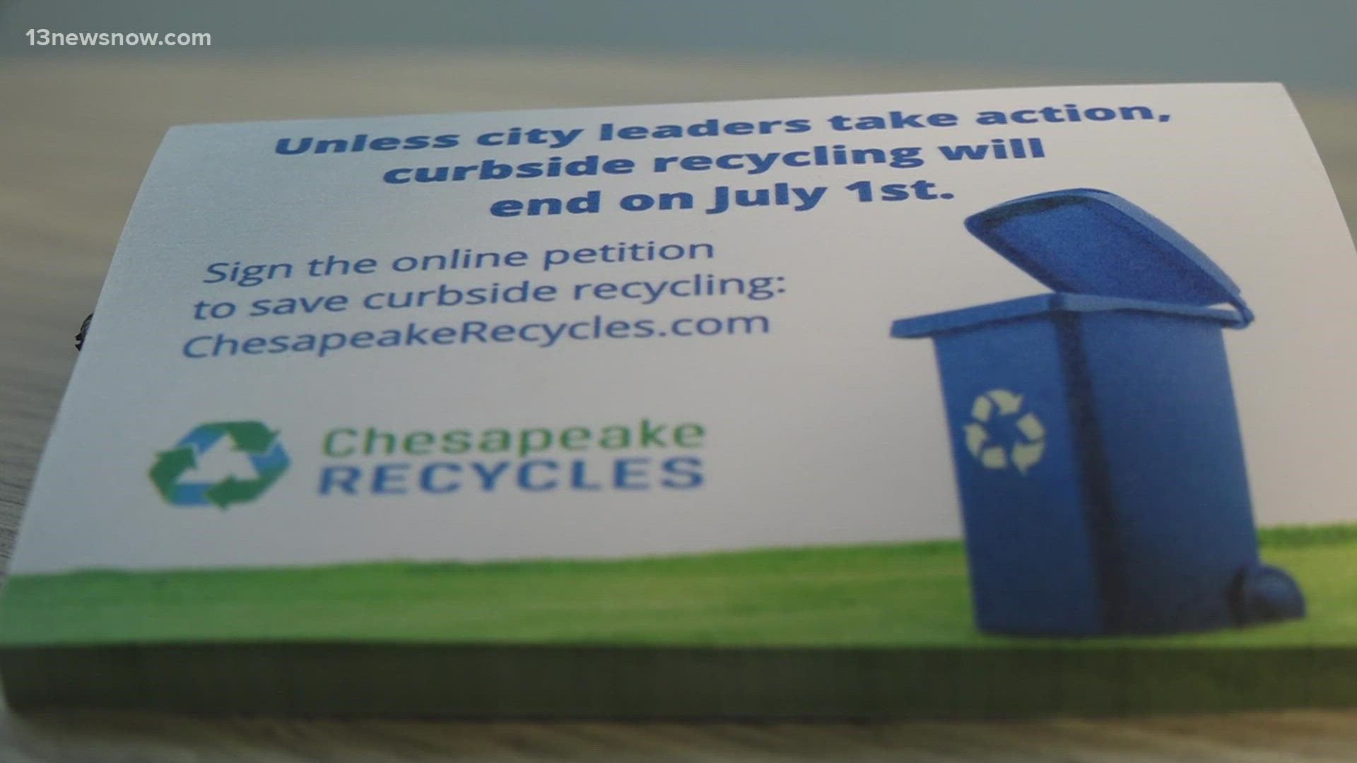 The City of Chesapeake Recycling program is set to end on June 30, 2022. thousands of people are signing a petition to urge leaders to change course.