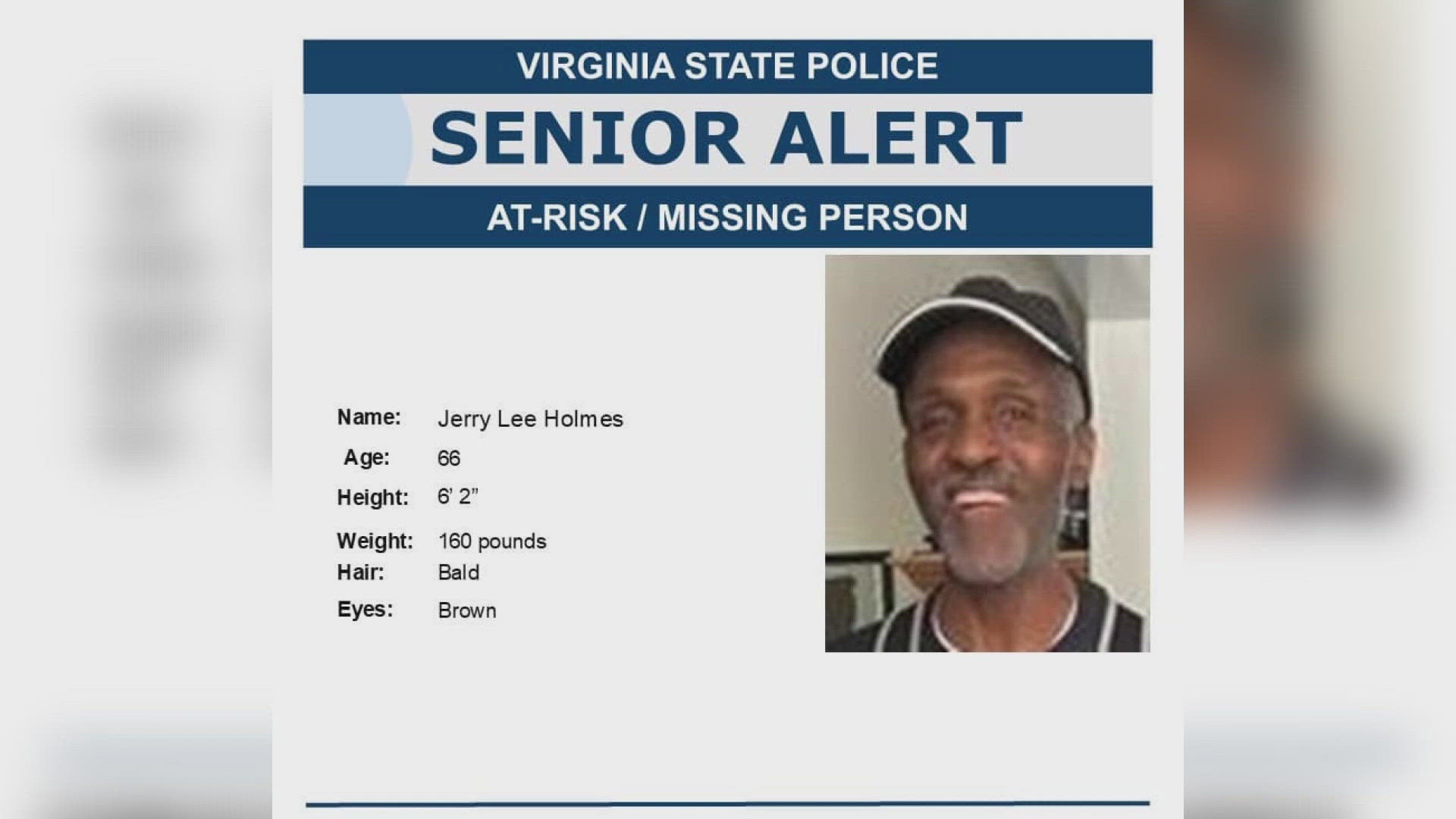 Jerry Lee Holmes has been missing since Wednesday afternoon. He may be endangered, Virginia Beach police said.