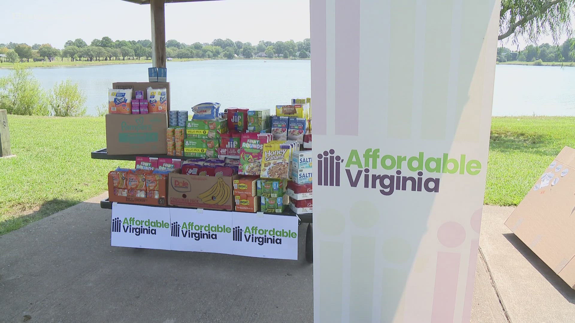 Organizers with Affordable Virginia collected donations for a local food bank at Mount Trashmore Tuesday to raise awareness about threats to SNAP Benefits.