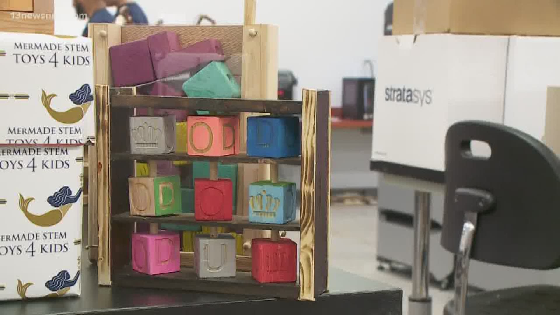 One of the classrooms at ODU was turned into a toy workshop. Students made STEM toys for patients at CHKD's children's cancer and blood disorder center.