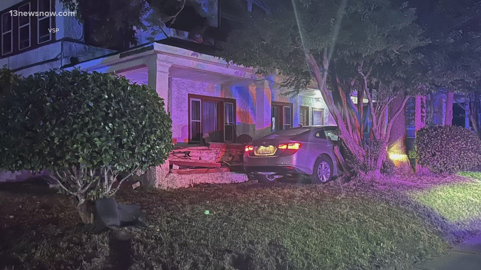 A police pursuit in Hampton ends with a car crashing into a home! Virginia State Police sent us this photo from the scene on Kecoughtan Road overnight.