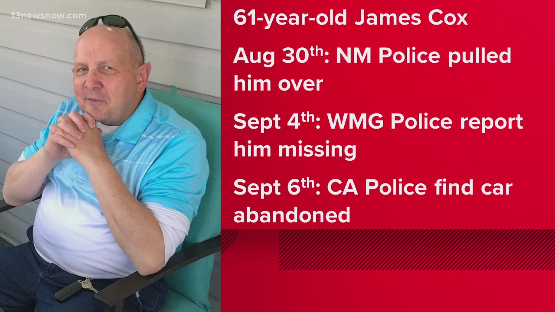 Police in California found 61-year-old James Cox's car abandoned on September 6.