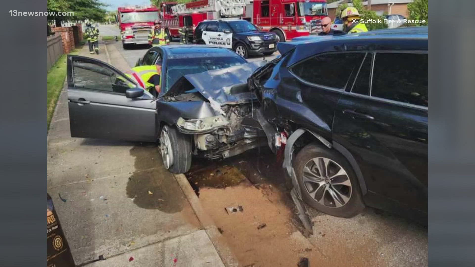 A three-vehicle crash took down power poles near the Suffolk-Portsmouth border on Thursday morning.