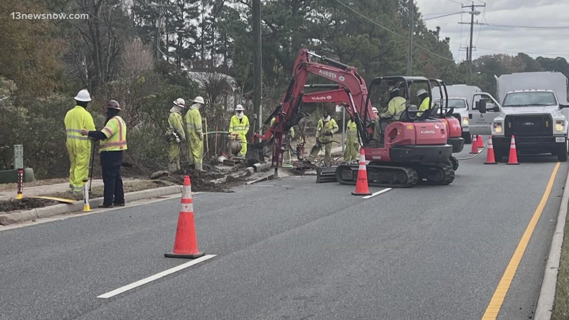 Gas line repairs shut down part of busy Chesapeake road