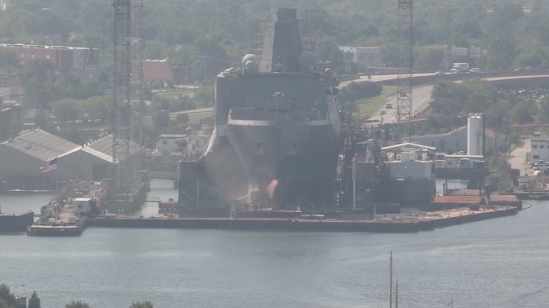 7/17/18: A fire broke out alongside USS Mesa Verde, which is in drydock for maintenance and repairs at General Dynamics NASSCO-Norfolk