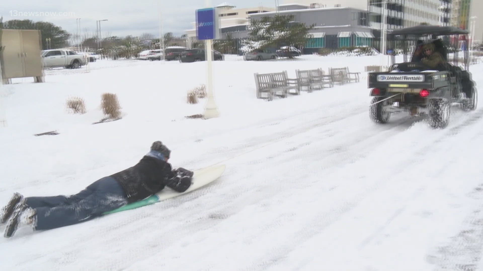 Virginia Beach is swimming in snow this afternoon as Hampton Roads faces the impacts of the first major snowstorm in years.