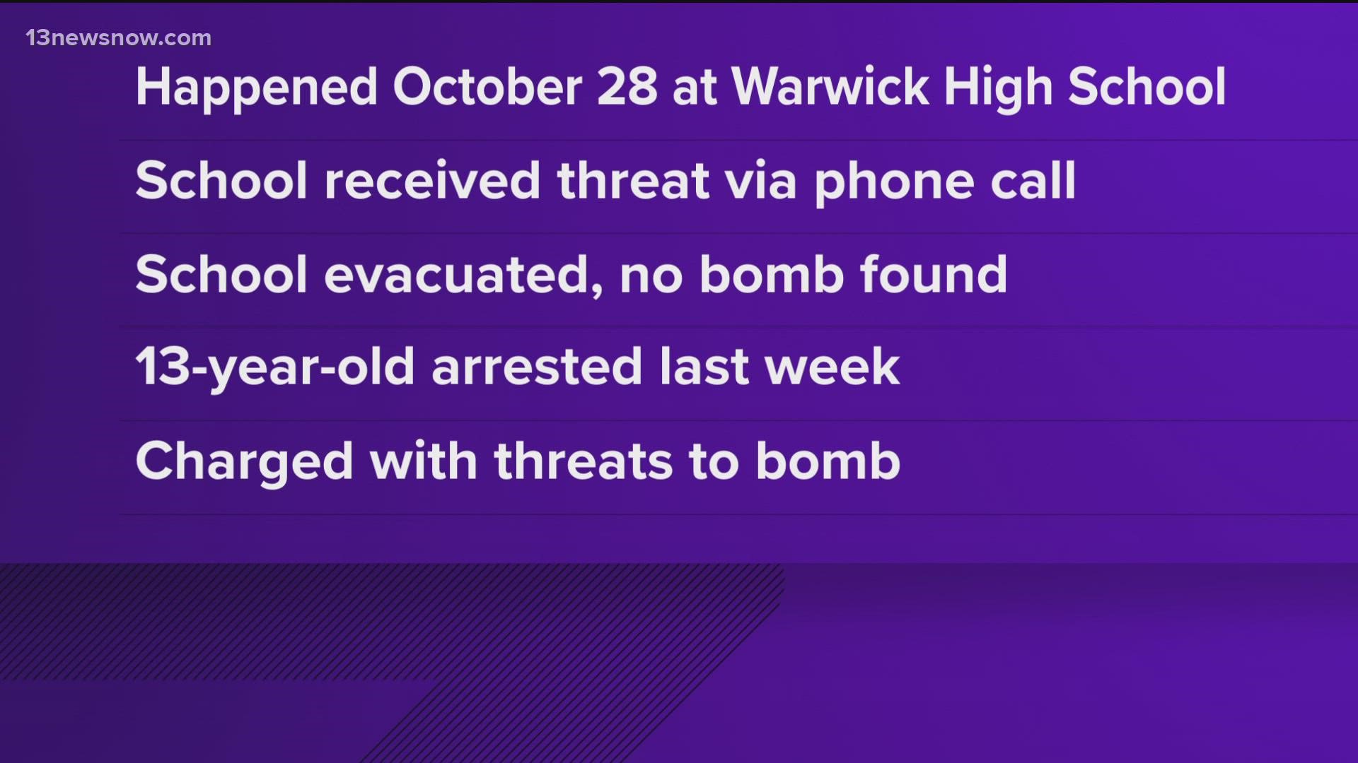 The charges go back to Oct. 28, when someone called to report an explosive device in Warwick. It was a hoax, but school staff had to evacuate the building.