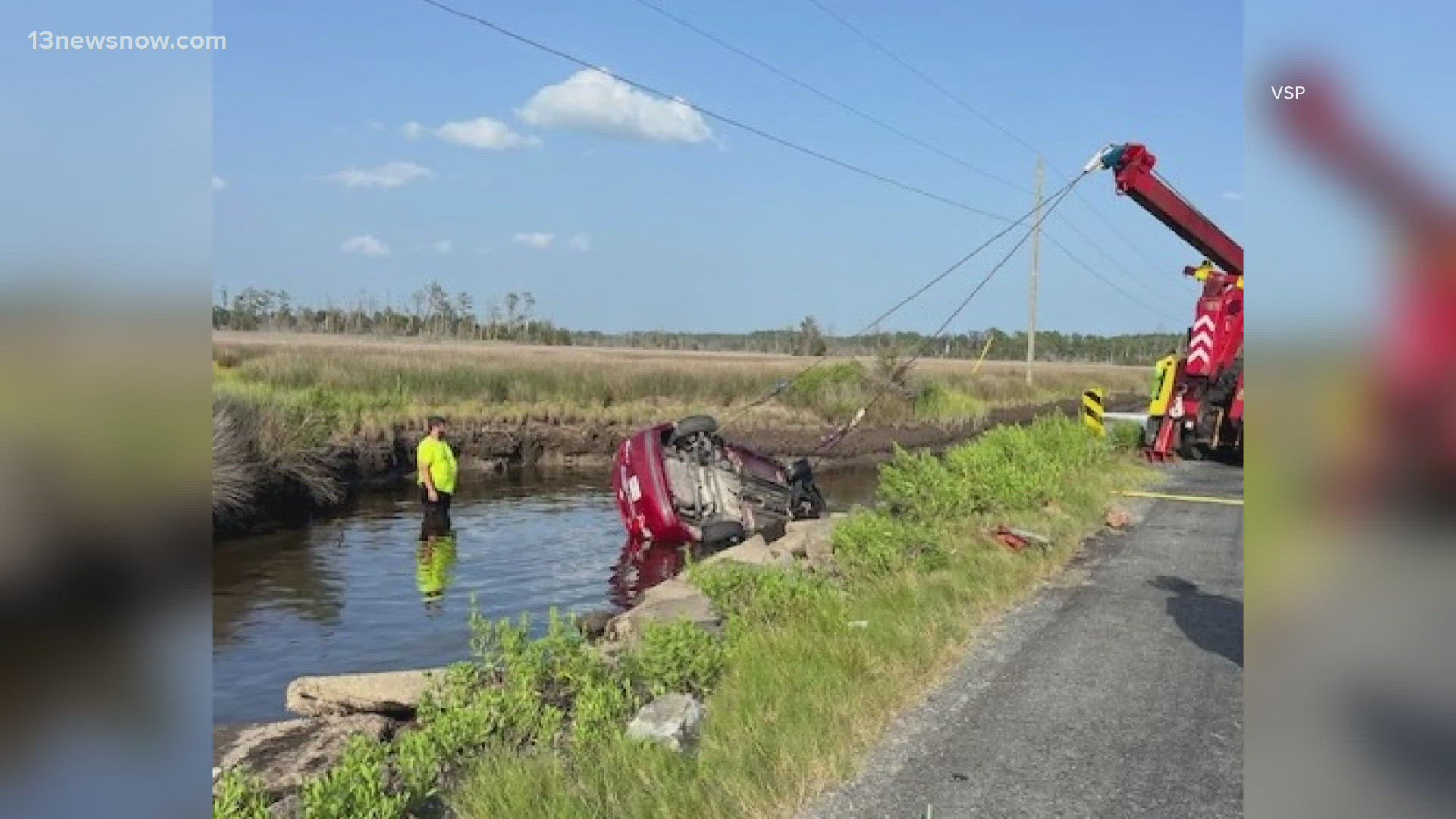 The vehicle rolled over into about four feet of water, completely submerging the inside of the vehicle.