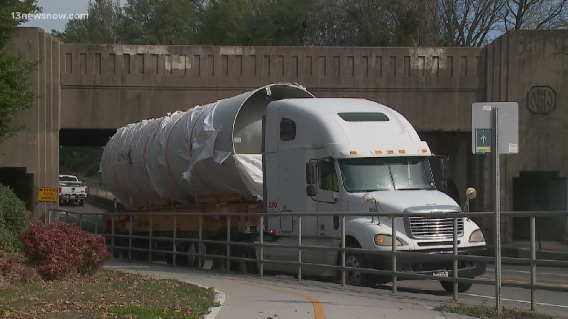 Traffic is being detoured off Hampton Boulevard Thursday morning after an oversized tractor-trailer hit the railroad underpass near 21st Street, getting stuck.