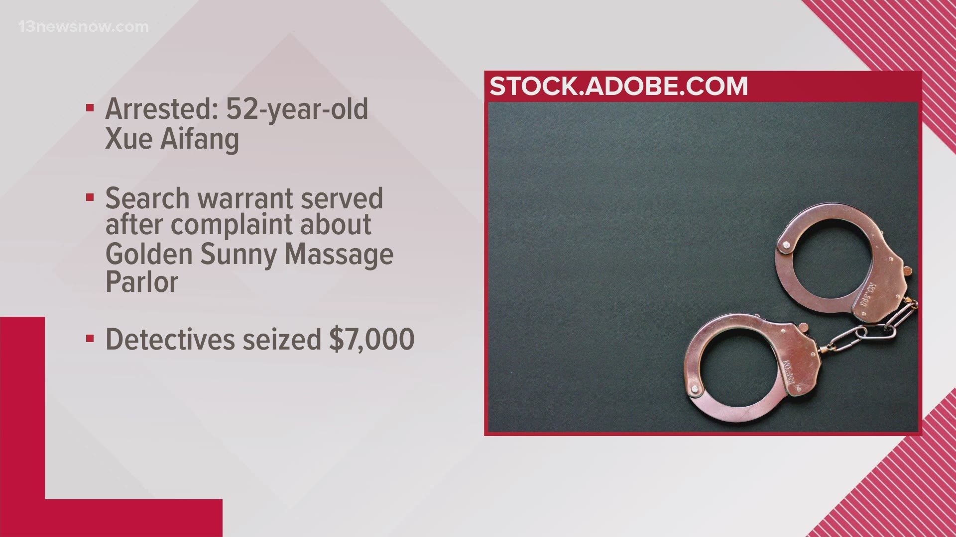 A 52-year-old was arrested and charged with prostitution after someone complained about where they worked, the Golden Sunny Massage Parlor.