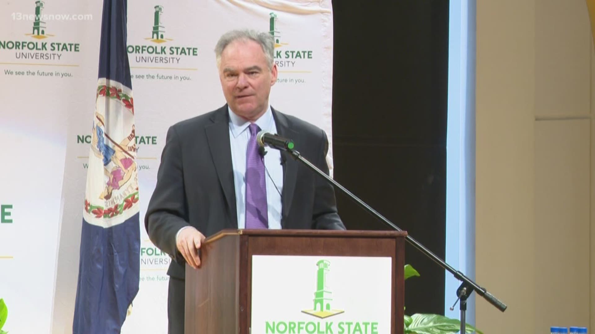 Senator Tim Kaine was at Norfolk Student University to discuss war powers in light of recent tensions the U.S. has had with Iran. 13News Now Allison Bazzle has more.