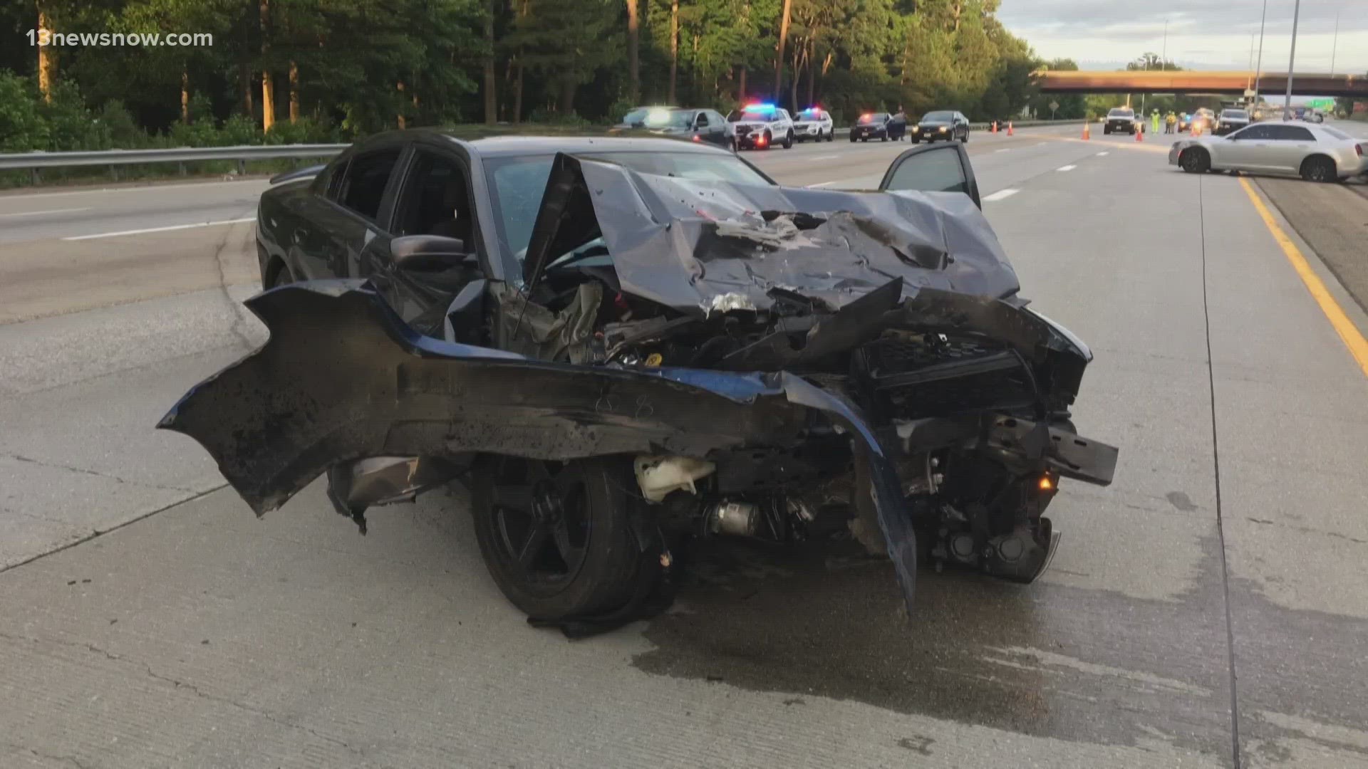 Virginia State Police say a shooting on Interstate 64 in Hampton led to a three-car crash involving a Dodge Charger, Nissan Rogue, and a Chrysler 300.