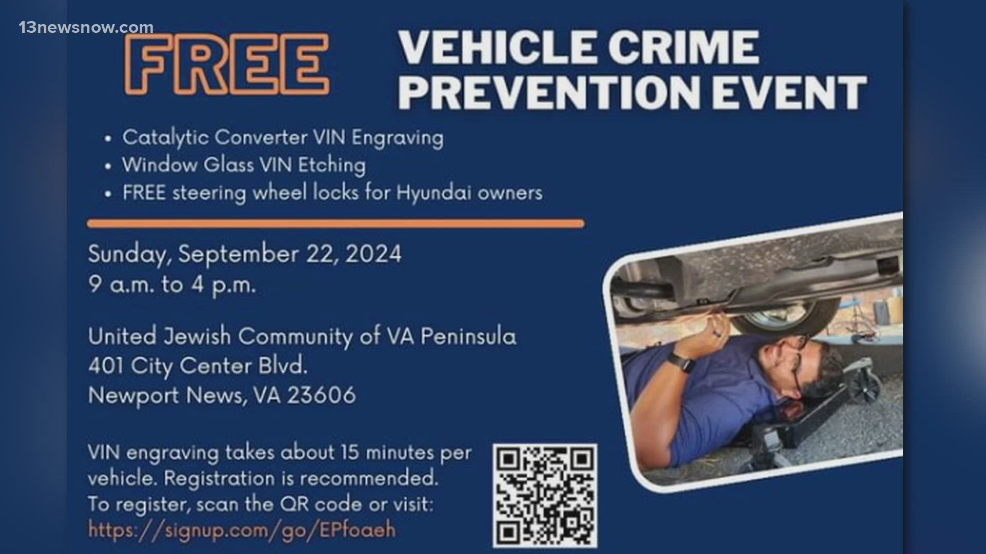 Newport News police is bringing back its "vehicle crime prevention" series. They're hosting an event at the United Jewish Community of the Virginia Peninsula.