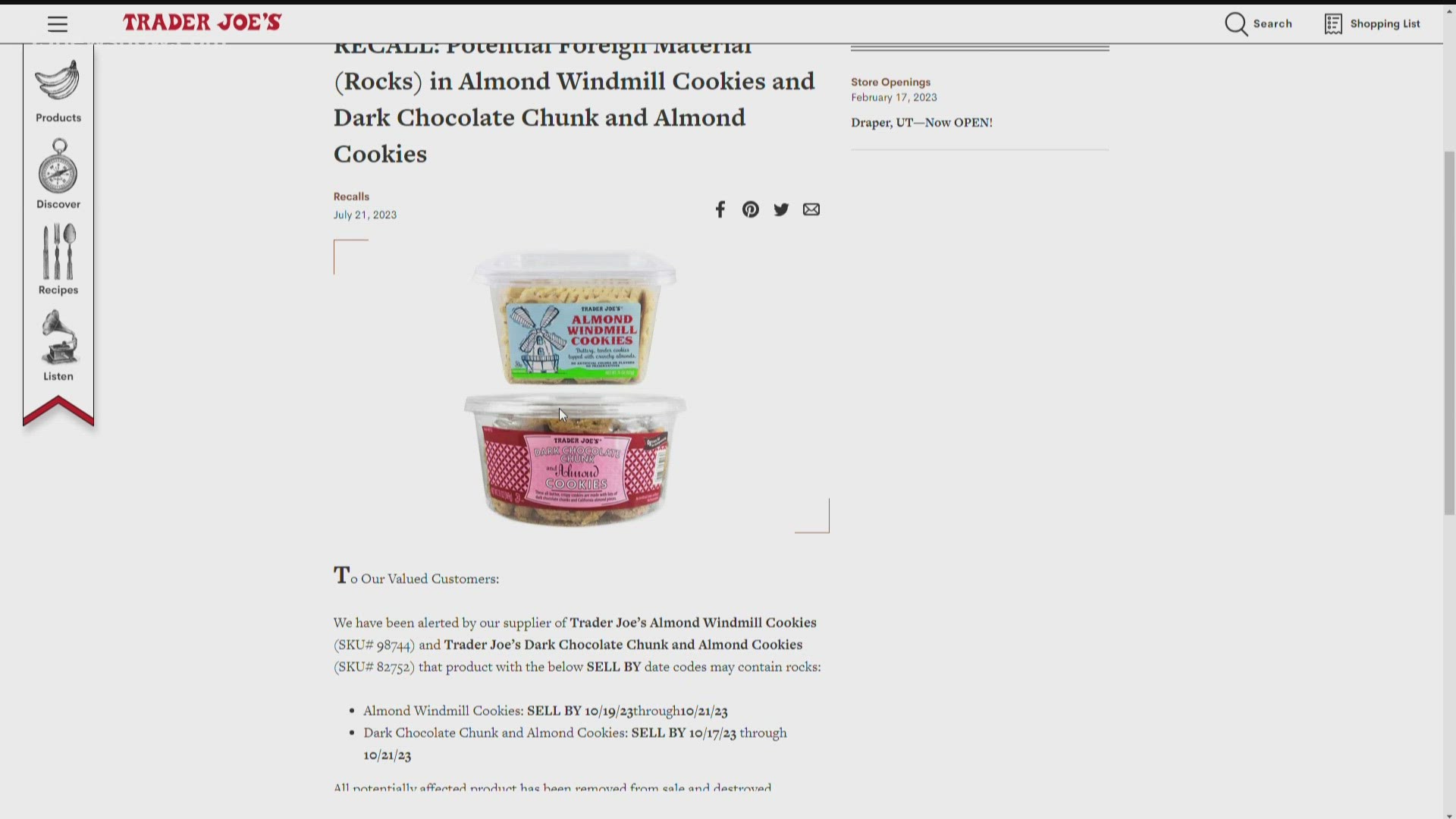 Trader Joe's announces recall on cookies that could contain rocks