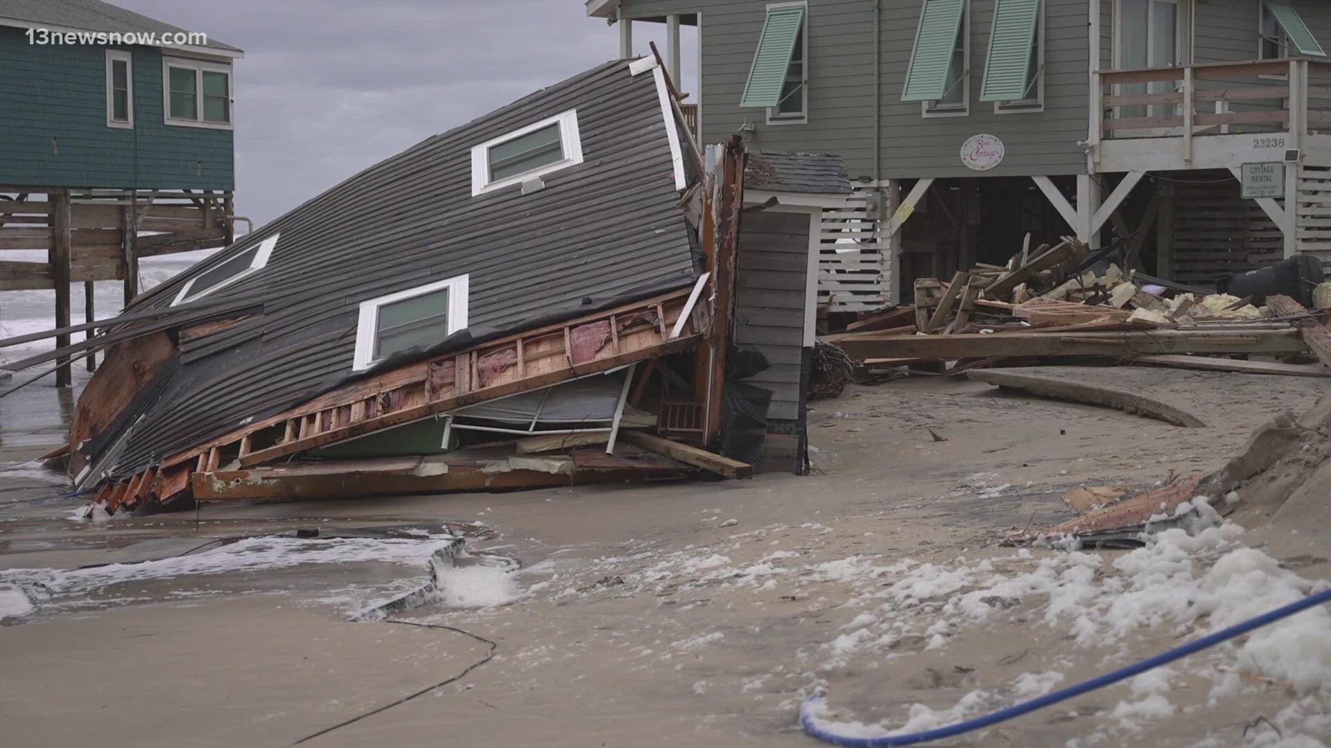 During the overnight hours, an unoccupied house collapsed on Surf Side Drive in Rodanthe, North Carolina.