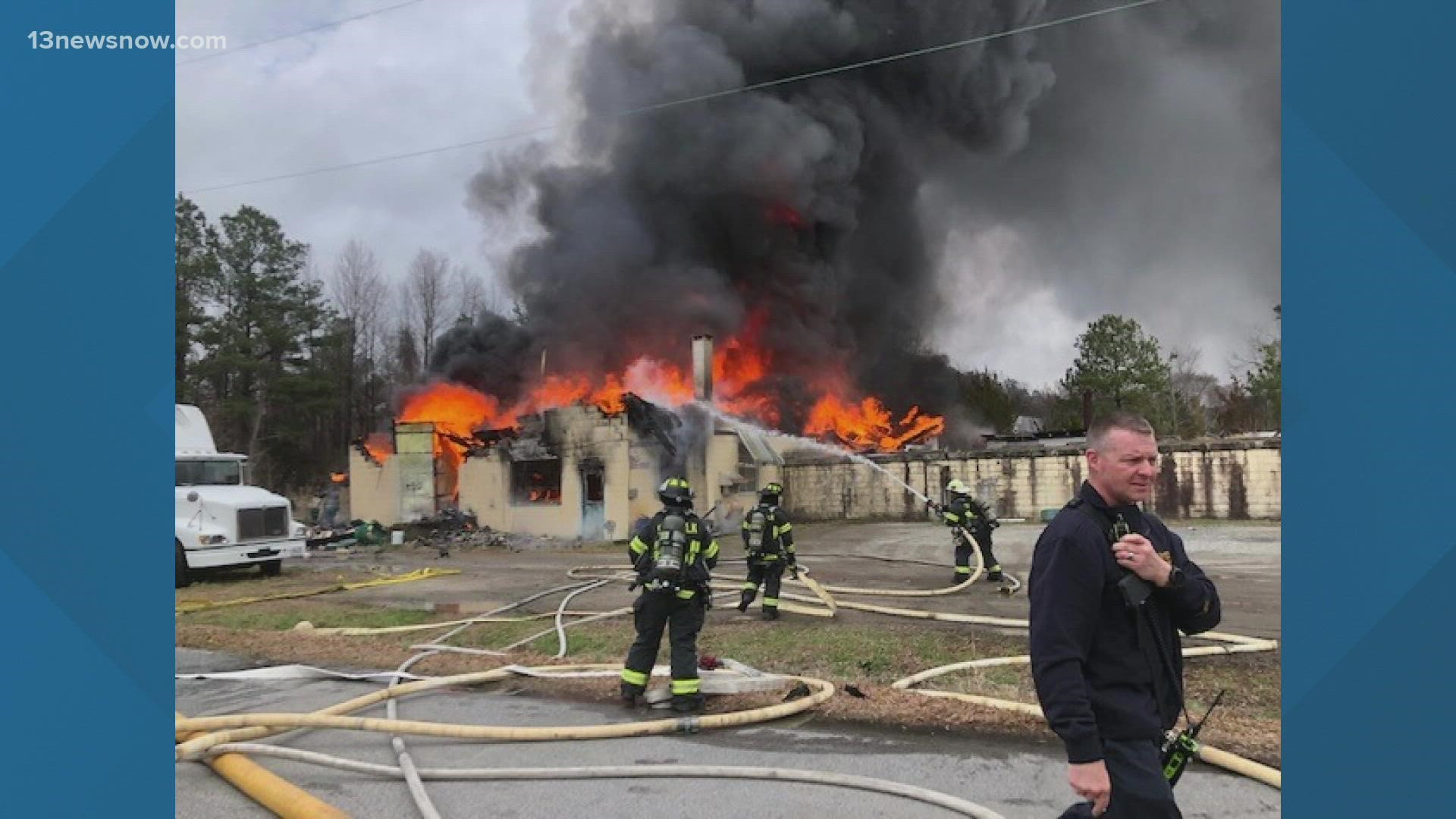 Suffolk Fire & Rescue teams worked to put out a large fire at Rillco Inc. on Friday afternoon.