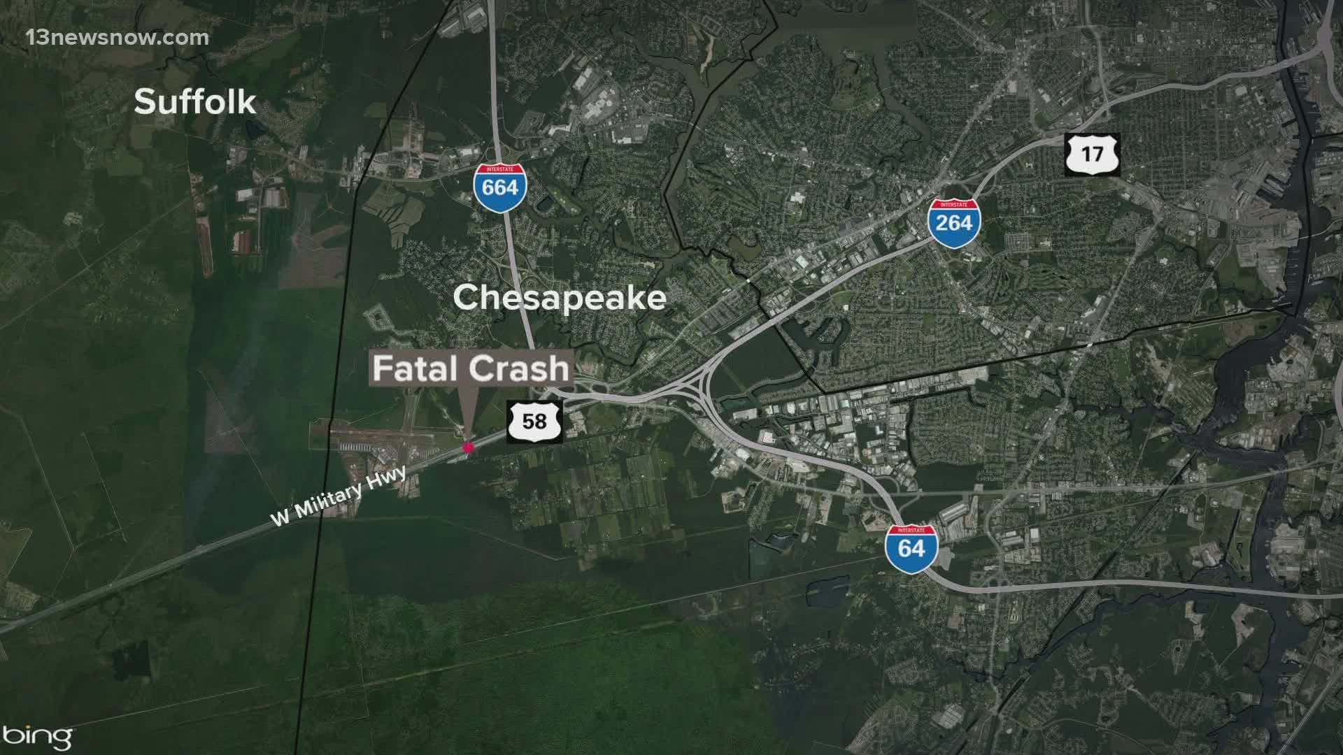 A woman was killed in a crash between a car and a tractor-trailer on Highway 58 in Chesapeake Wednesday morning, according to police.