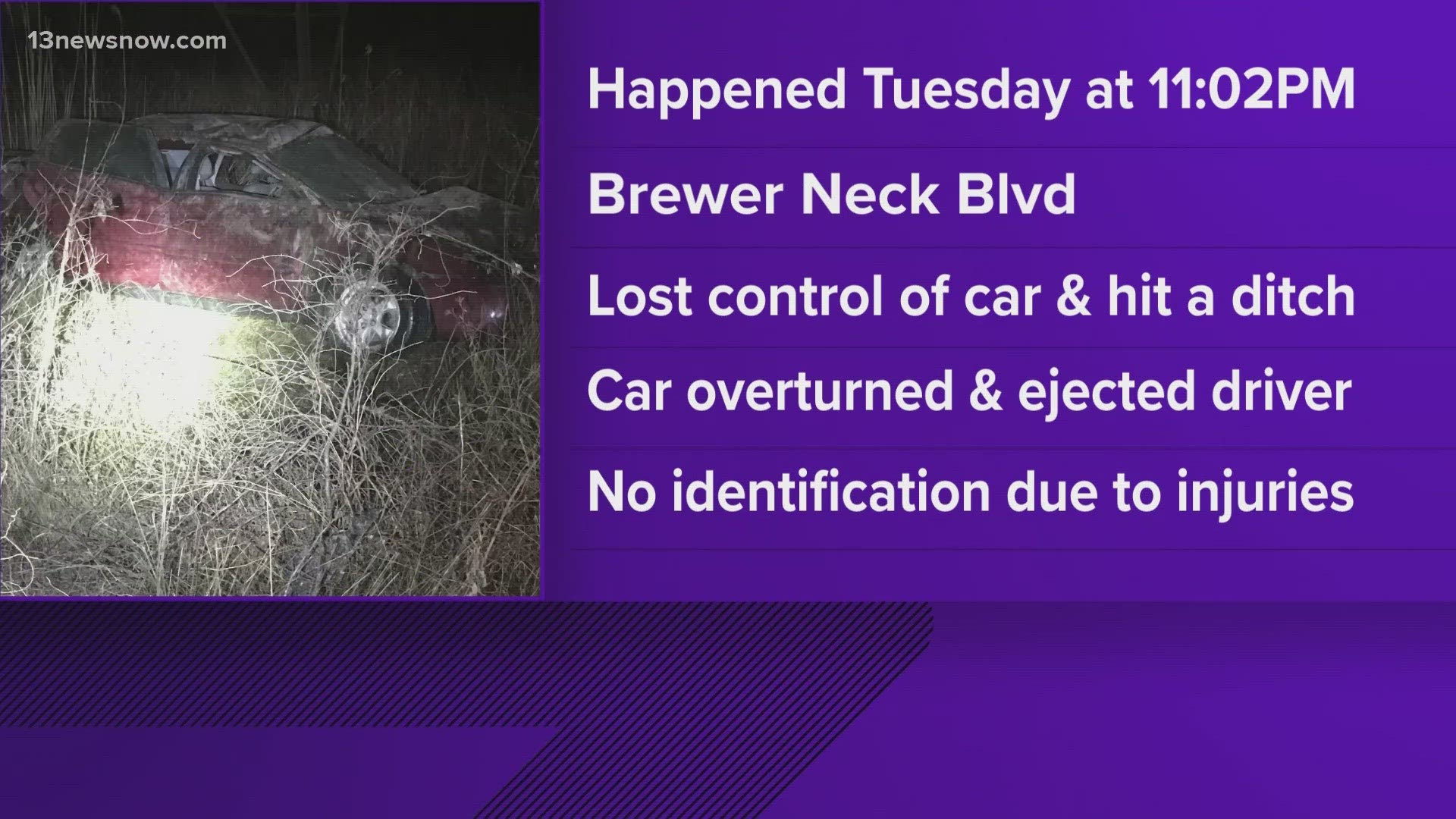 A woman is dead after her car ran off the road in Isle of Wight County late last night. Police have not identified the woman at this time due to her injuries.