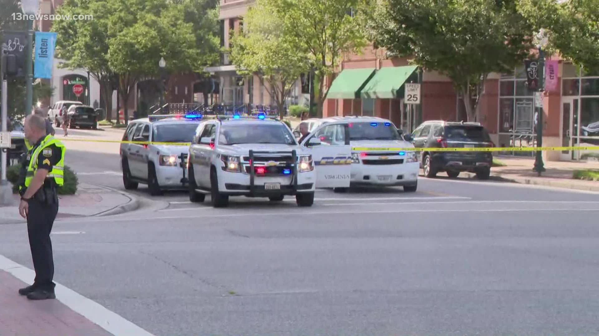 Two people were hit by a car in the Town Center area of Virginia Beach Monday afternoon, and one of them died, the police department said.